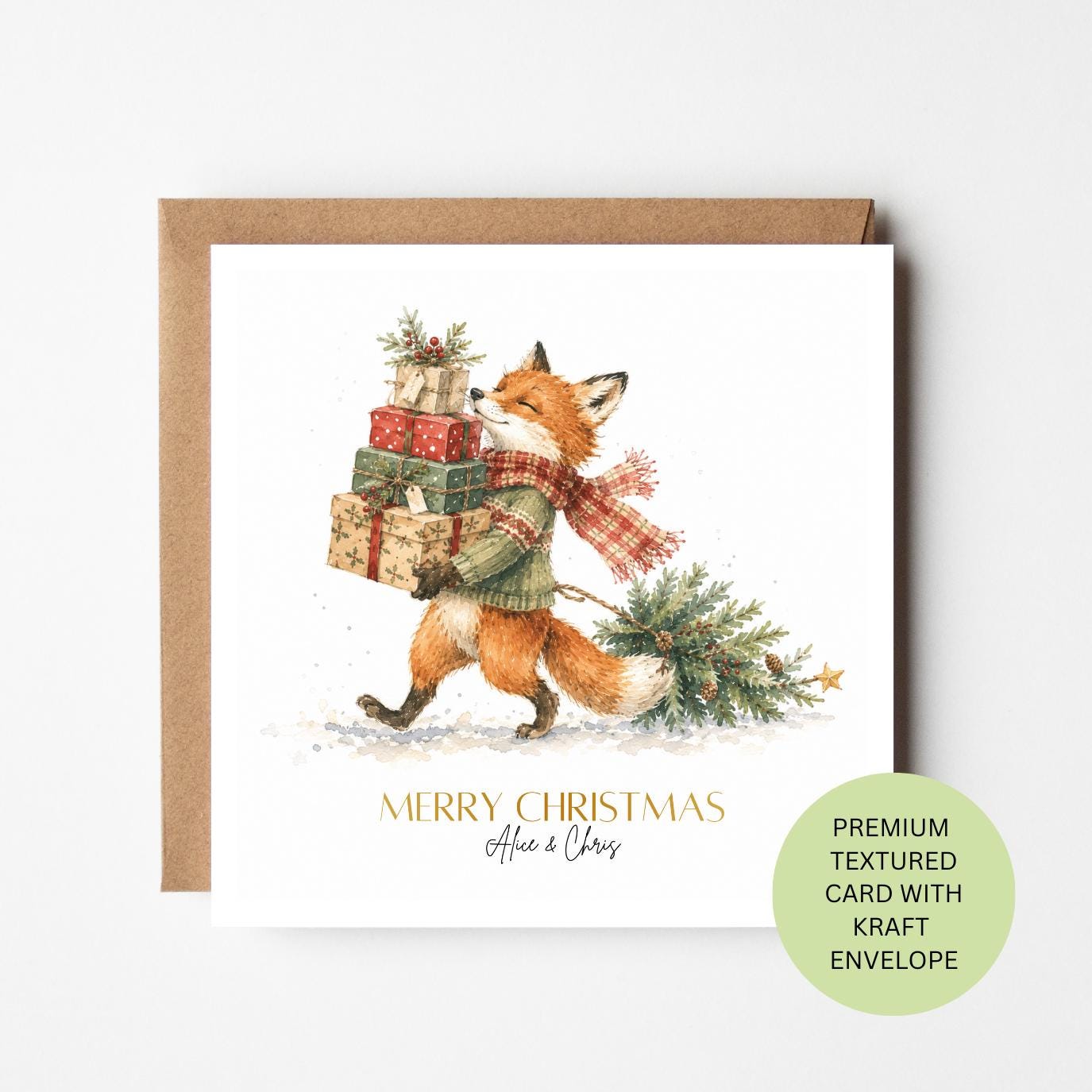Personalised Watercolour Fox Christmas Card, Textured Festive Greeting, Kraft Envelope