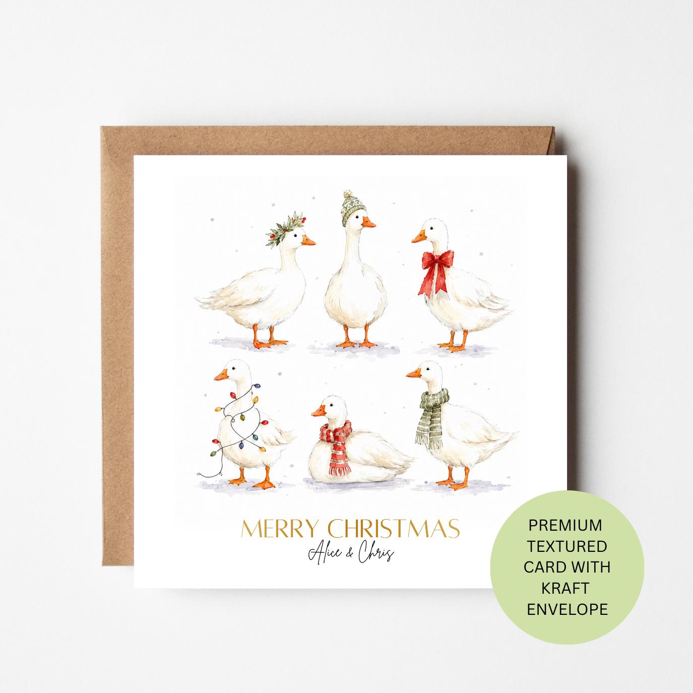 Personalised Goose Christmas Card, Watercolour Festive Geese Family Xmas Card