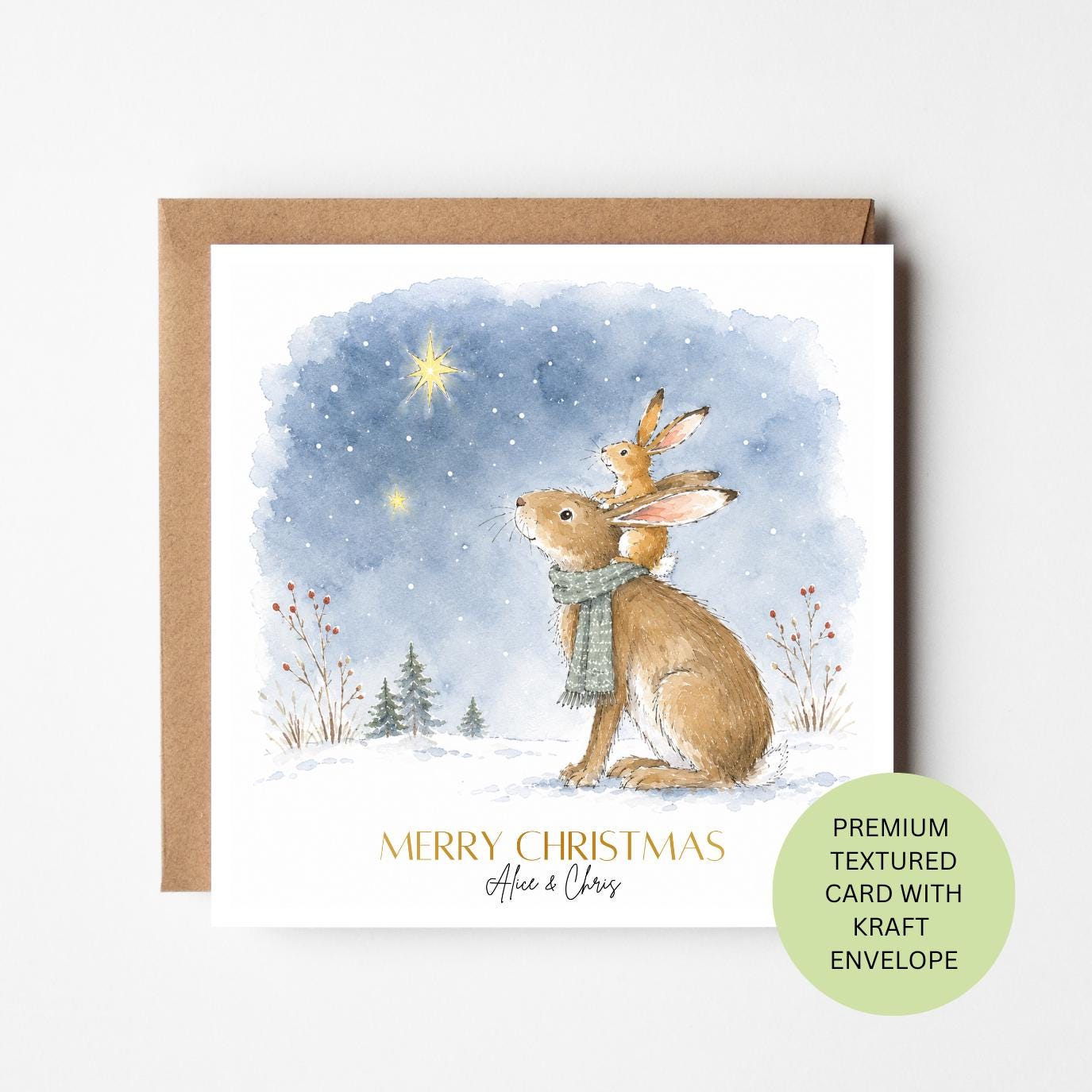Personalised Watercolour Rabbit Christmas Card, Textured Kraft Envelope Xmas Greeting