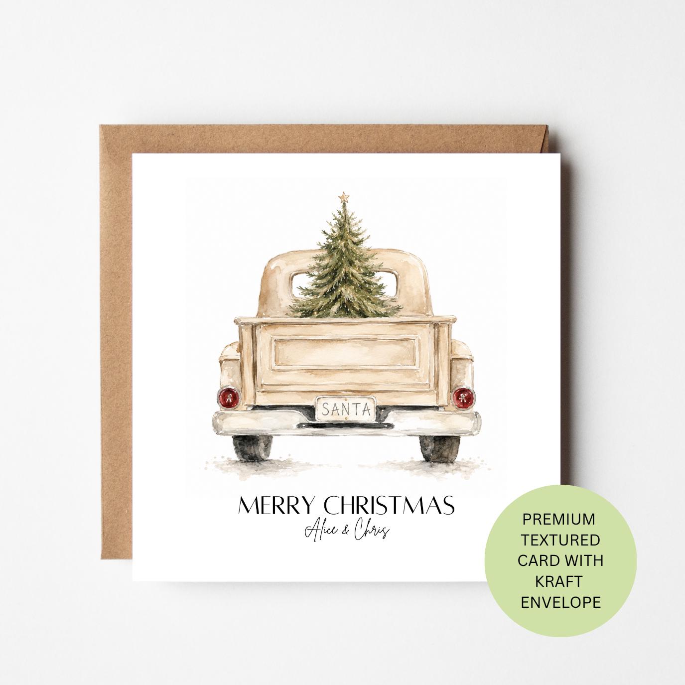 Cream Christmas Truck Watercolour Card, Personalised Family Xmas Greeting (Kraft Envelope)