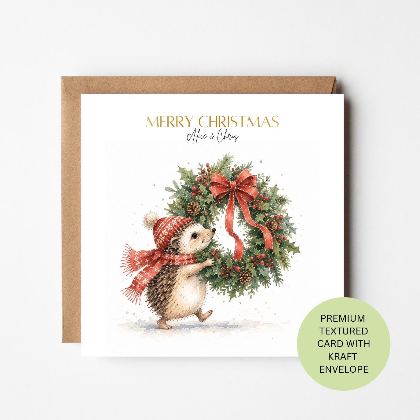 Personalised Hedgehog Christmas Card, Watercolour Wreath Design, Custom Family Xmas Greeting