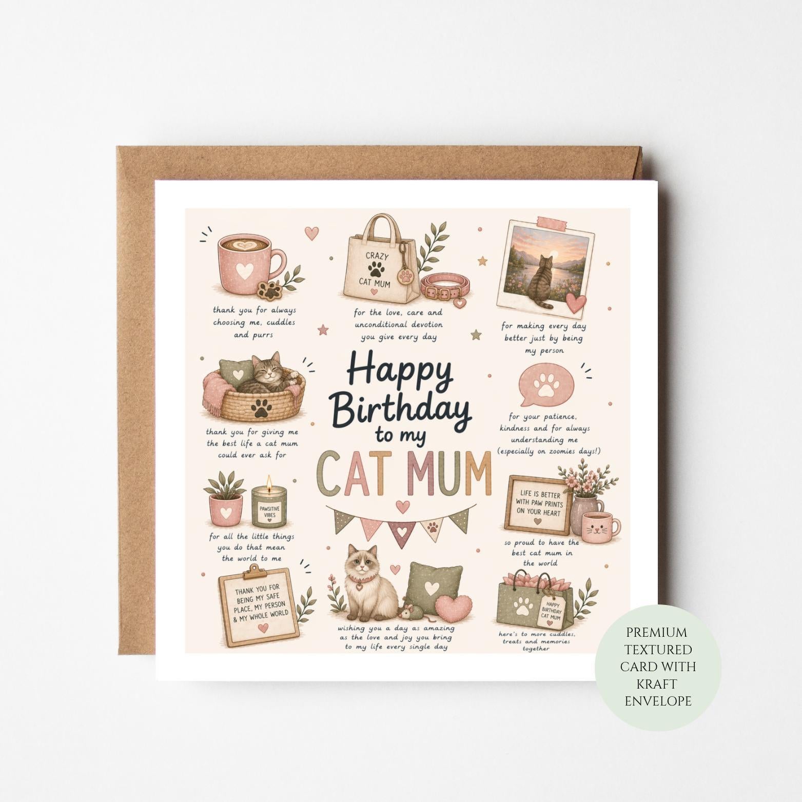 Cat Mum Birthday Card, Kitten Illustration, For Cat Lovers
