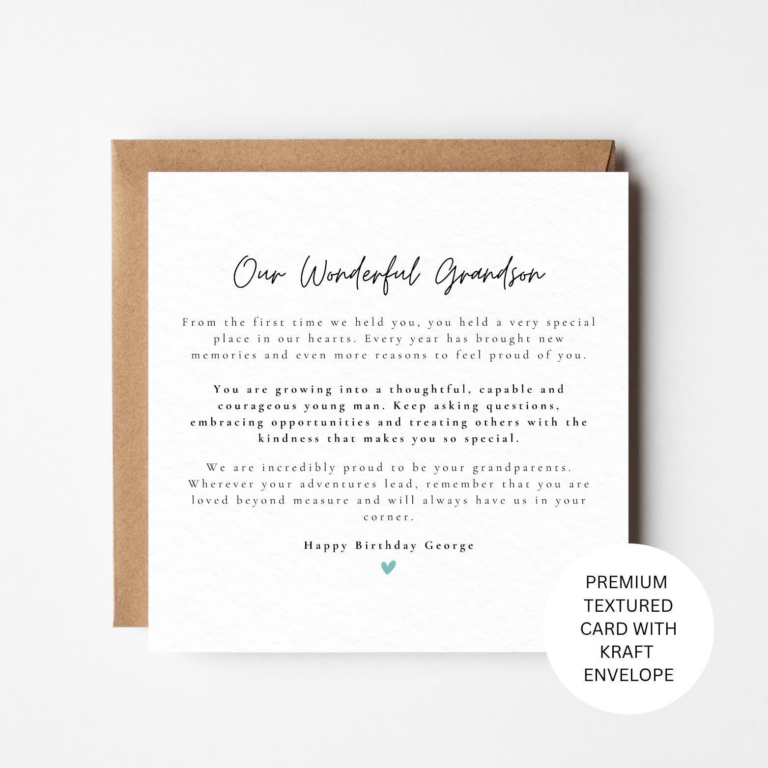 Grandson Birthday Card, Wonderful Grandson, Personalised Meaningful Sentimental Keepsake