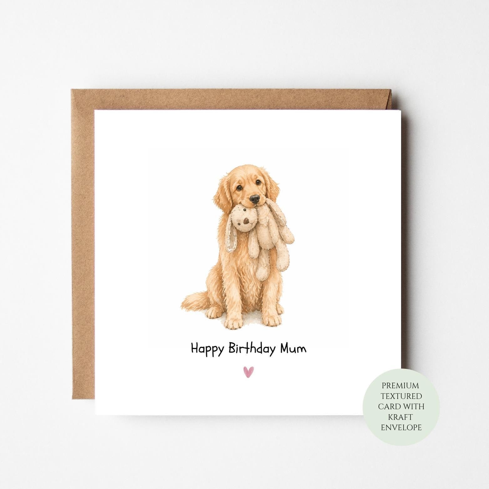 Dog Mum Birthday Card - Cute Puppy Holding Bunny Illustration