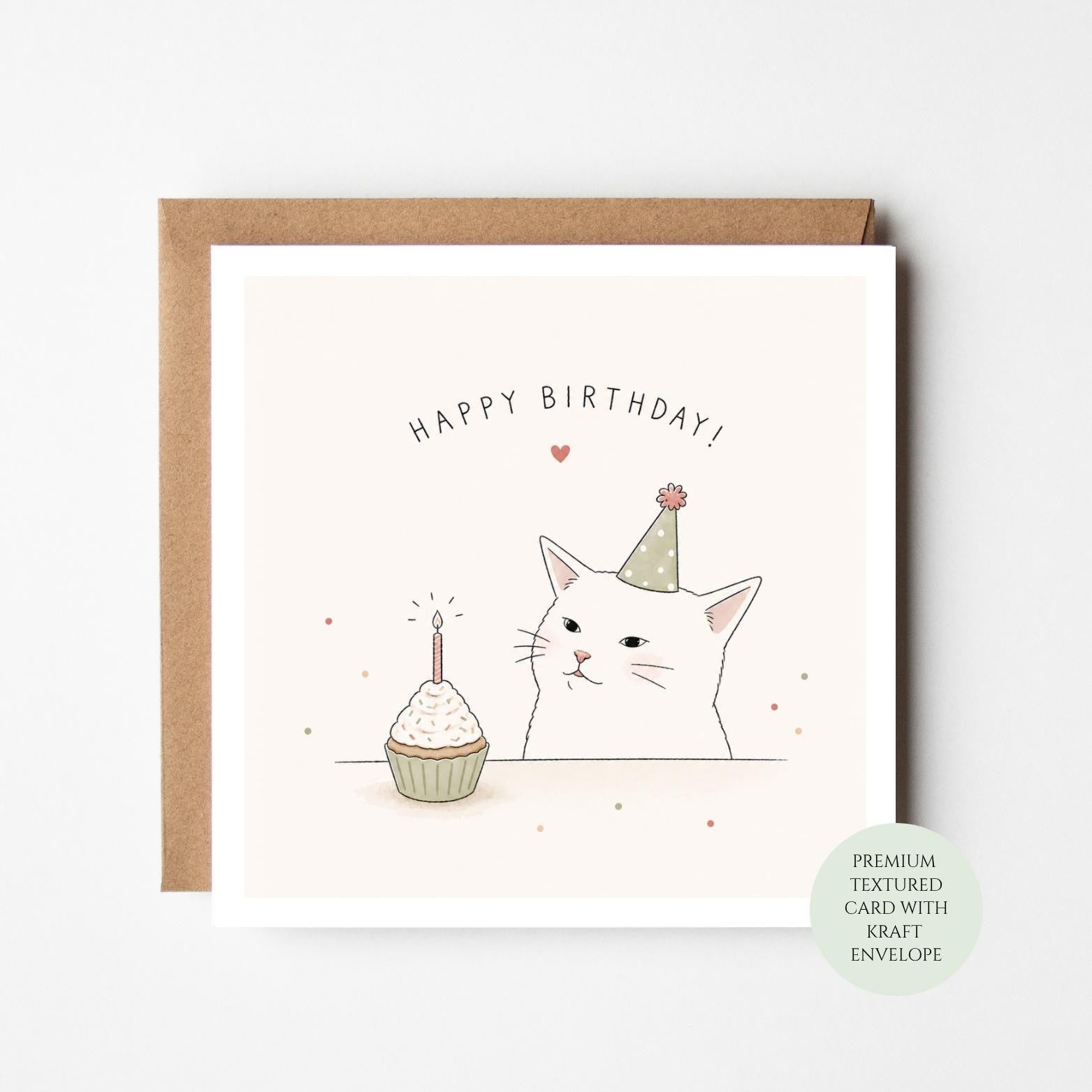 Cat Lover Birthday Card, White Kitten, Cupcake and Party Hat (Blank Inside)