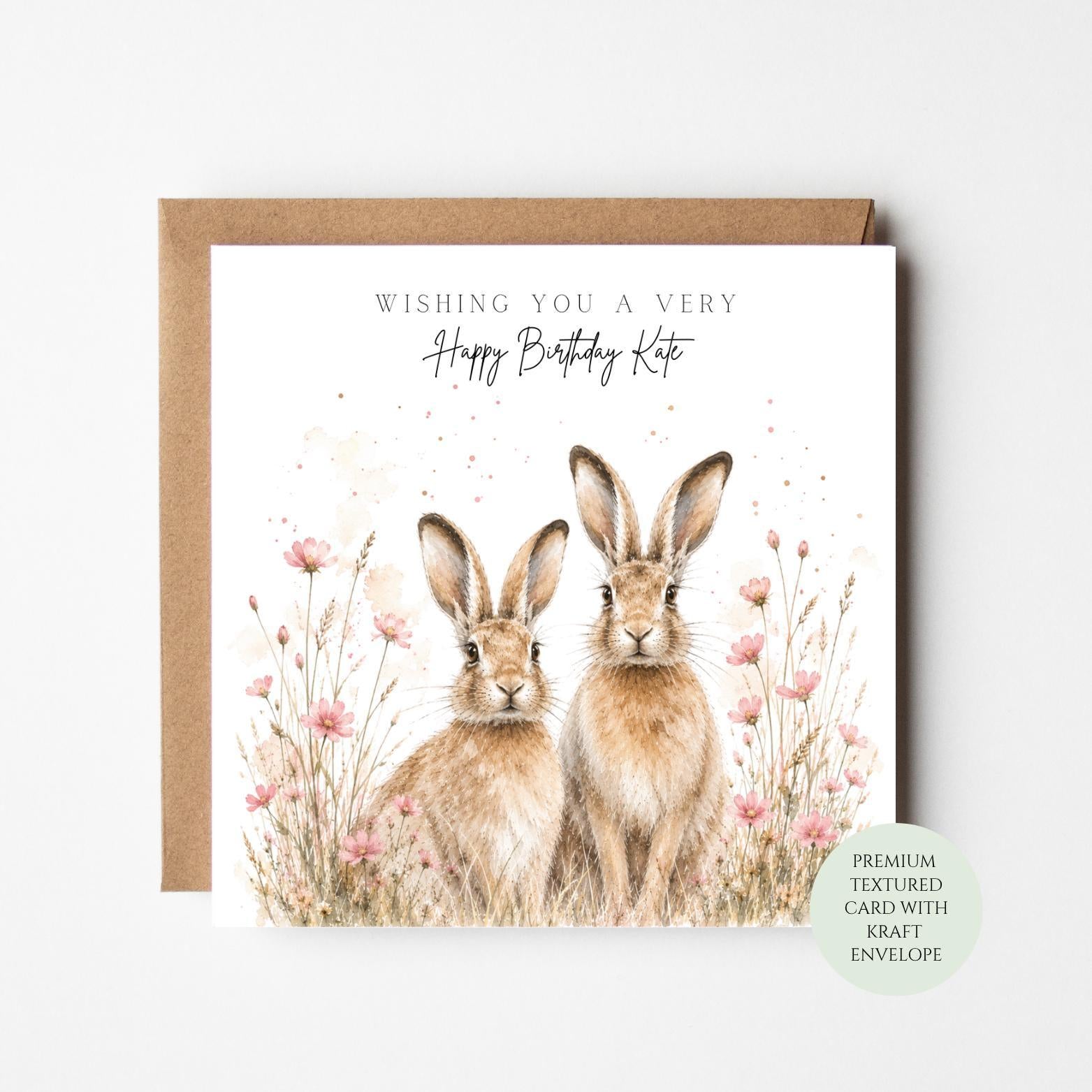 Birthday Card: Two Bunny Rabbits with Pink Flowers - Spring Design