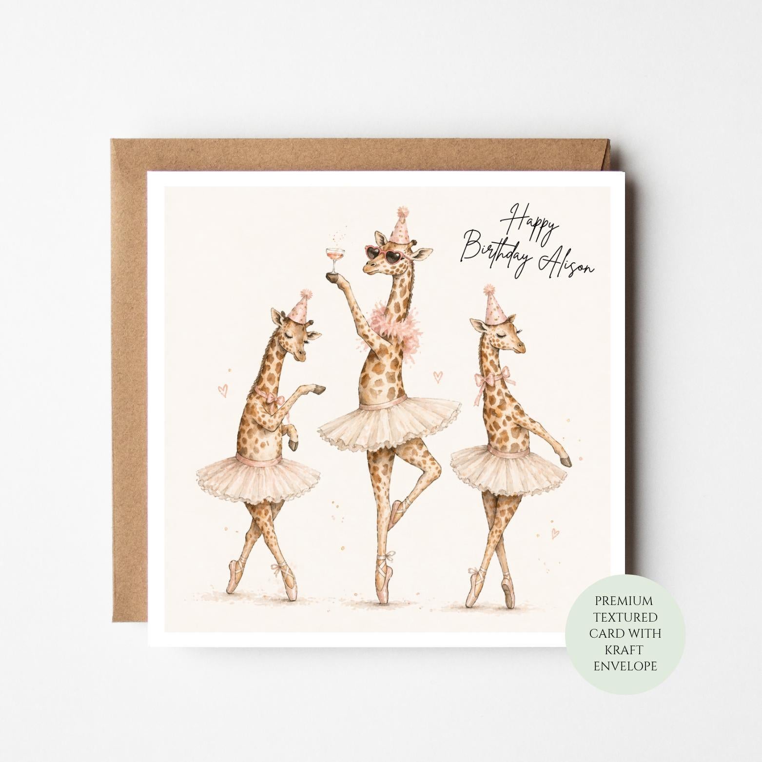 Ballet Giraffe Birthday Card: Textured Animal Design with Envelope