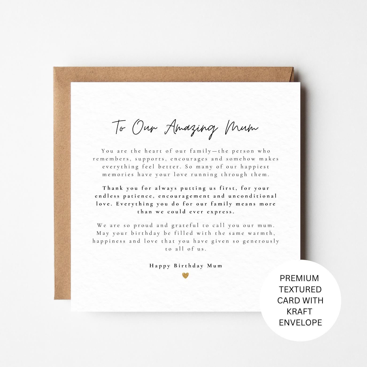 Personalised Mum Birthday Card, Sentimental Keepsake, Gold Heart Detail, Kraft Envelope