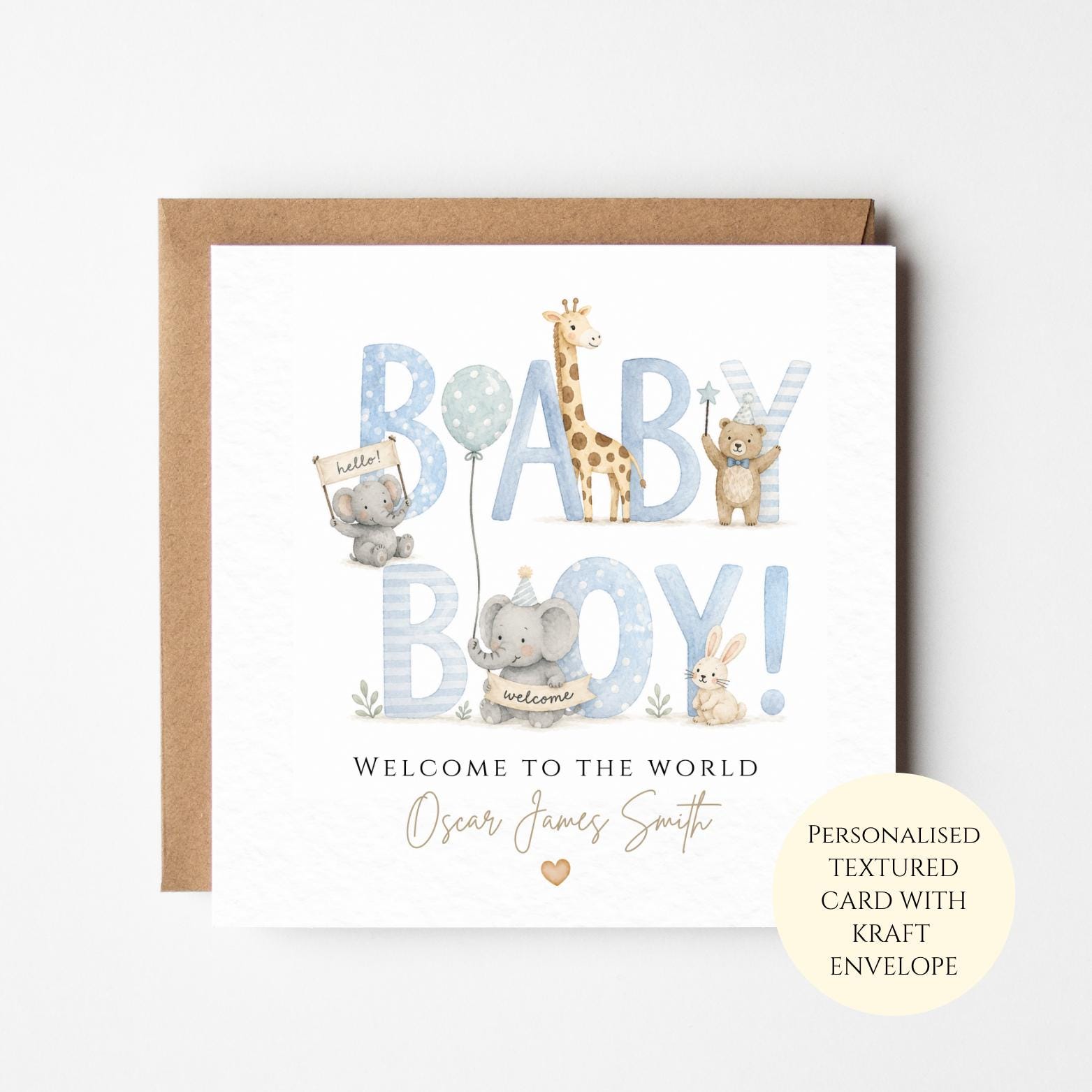 Personalised Baby Boy Card, Welcome To The World, Blue Nursery Animals, Newborn Keepsake