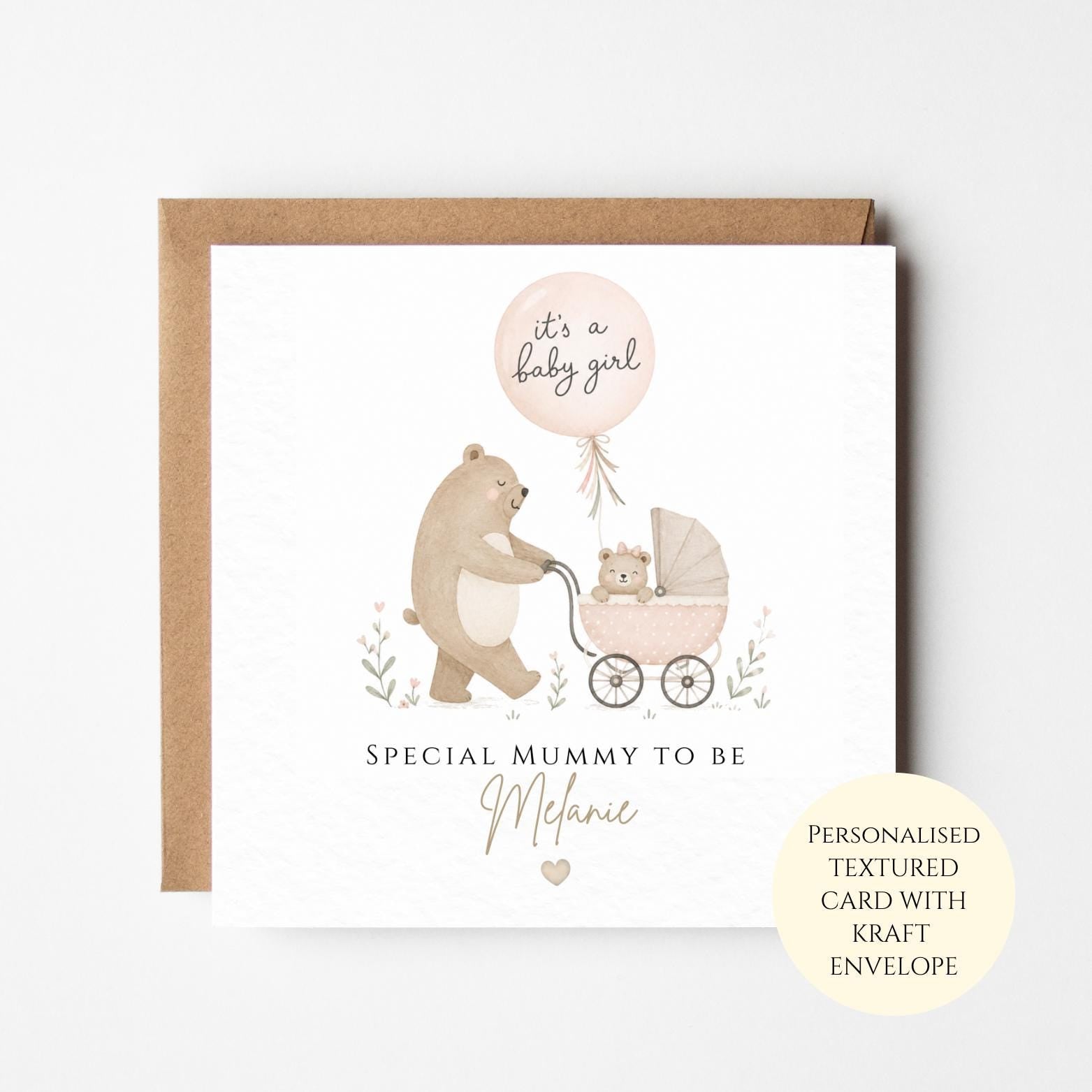 Personalised Baby Girl Card, Mummy To Be Congratulations, New Baby Celebration, Bear Pram Design