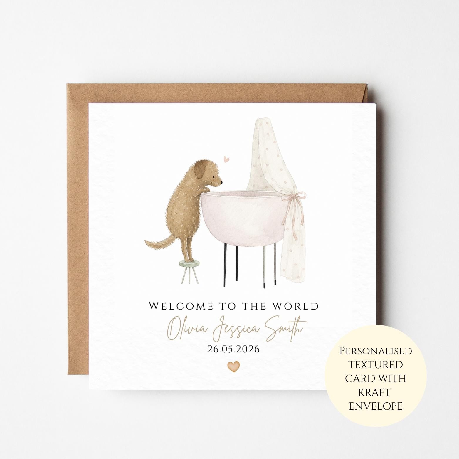 Personalised Baby Girl Card, Dog Crib Newborn Congratulations Keepsake