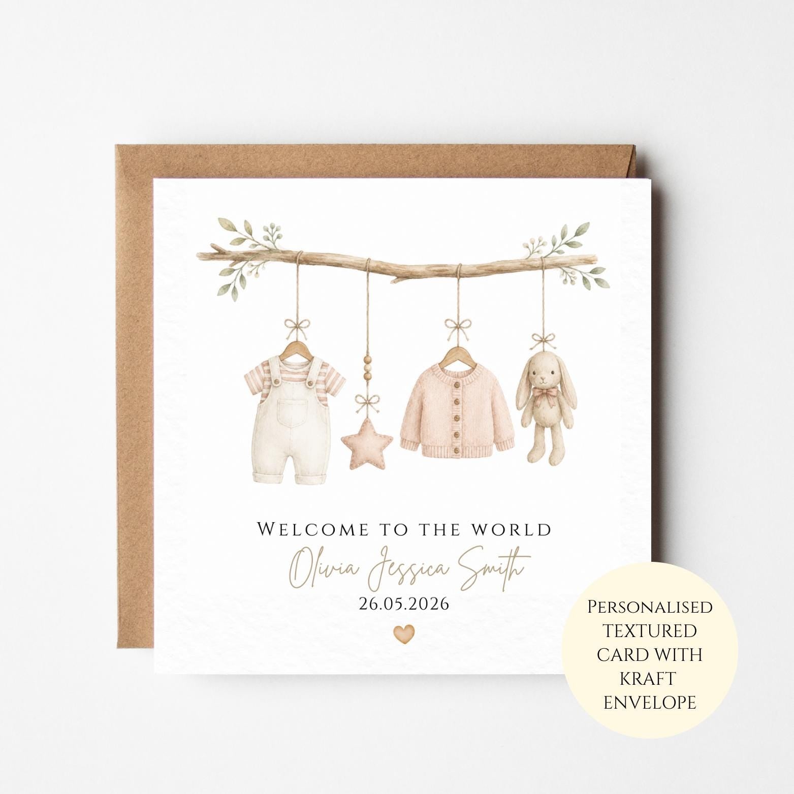 Personalised Baby Girl Card, Welcome To The World, New Baby Congratulations, Pink Baby Clothes And Bunny Keepsake