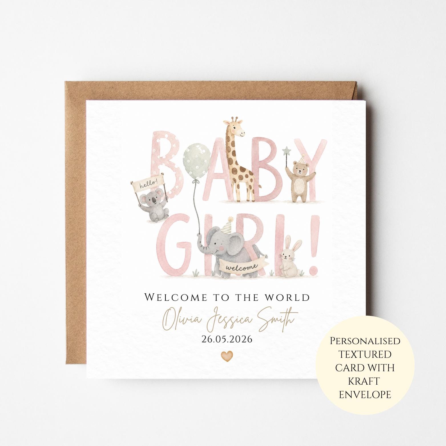 Personalised Baby Girl Card, Pink Nursery Animals, Welcome To The World Keepsake