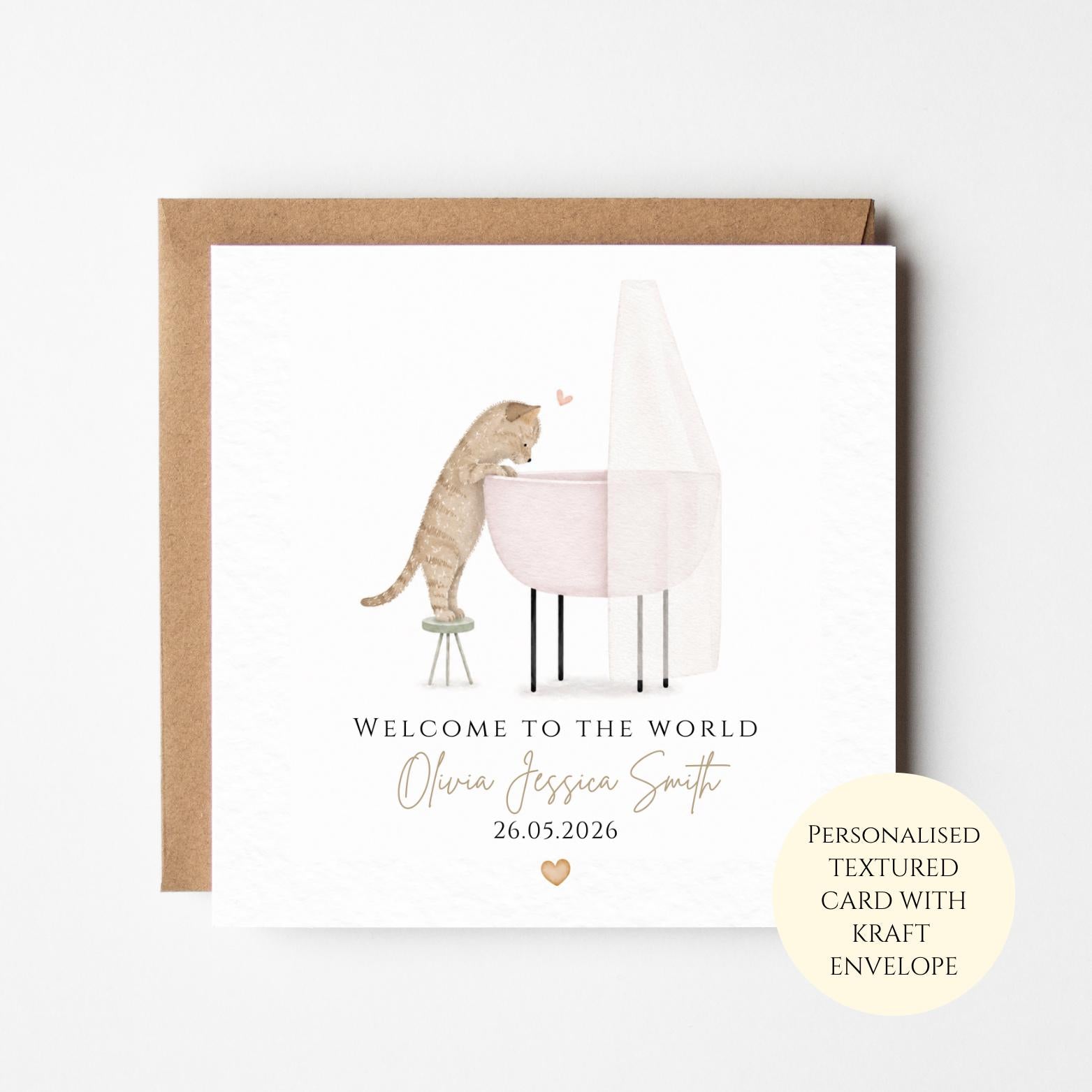 Personalised Baby Girl Card, Cat Crib Welcome To The World Congratulations Keepsake