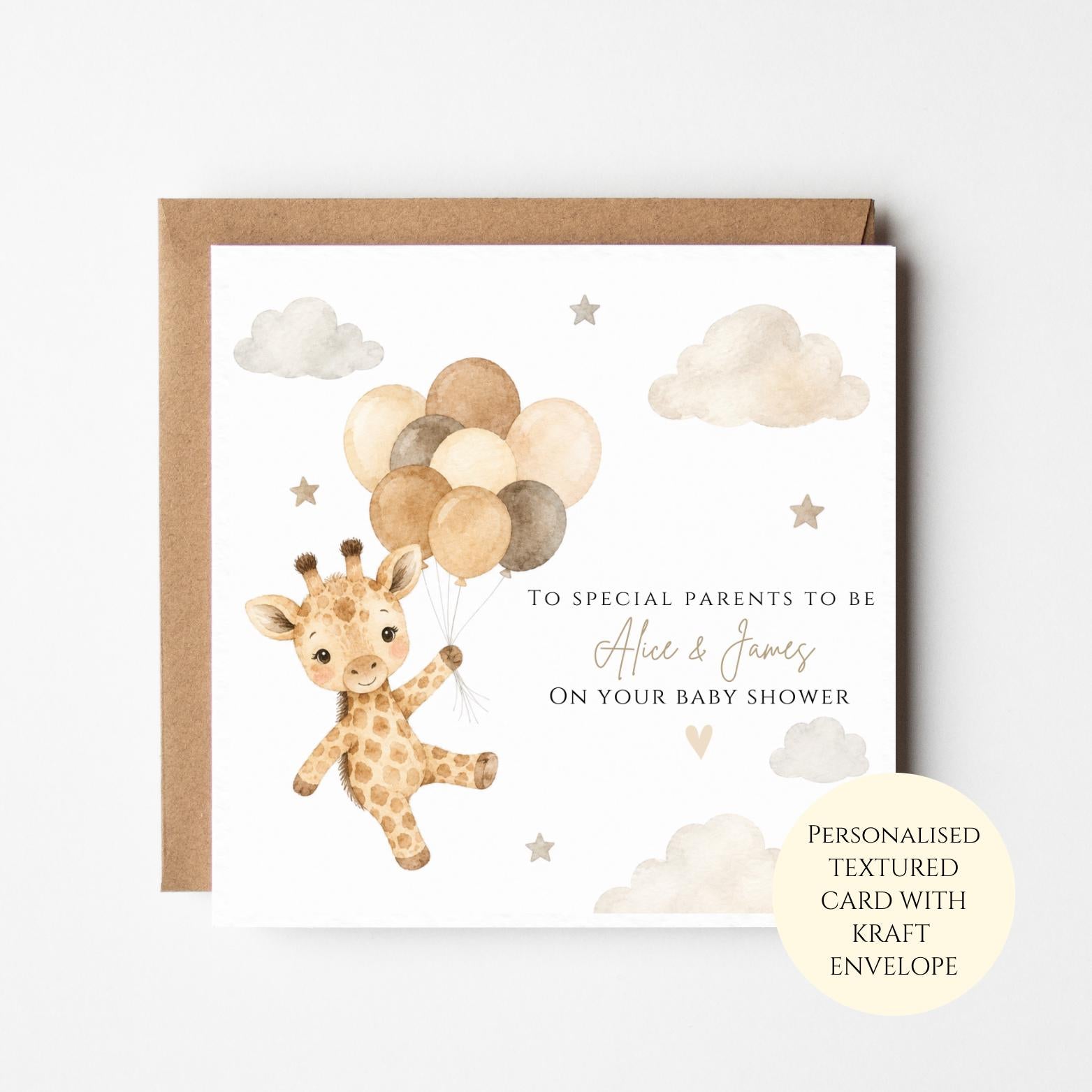 Personalised Giraffe Baby Shower Card, Neutral Safari Balloons, Parents To Be Congratulations