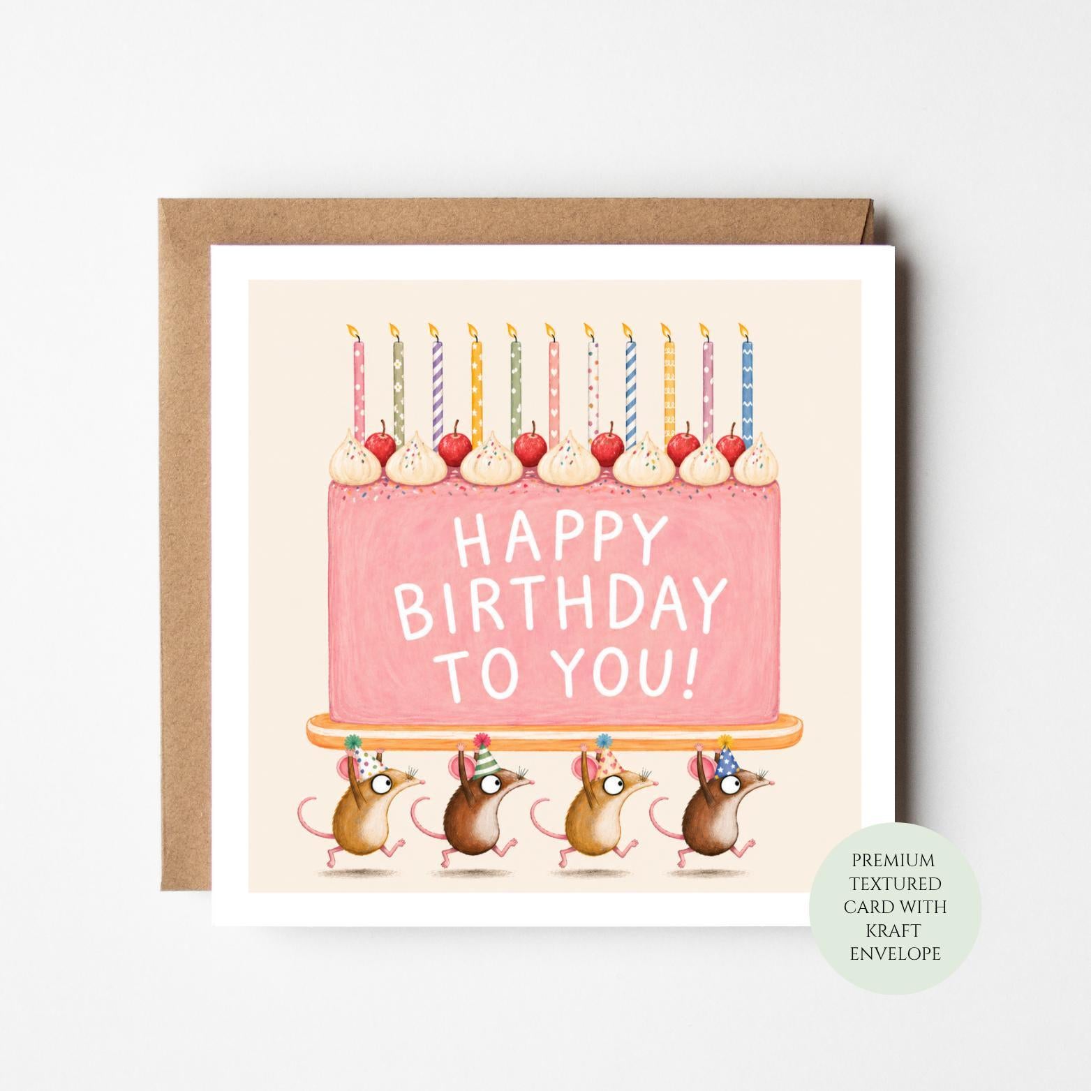 Whimsical Birthday Card, Pink Cake and Mice (Standard Size)