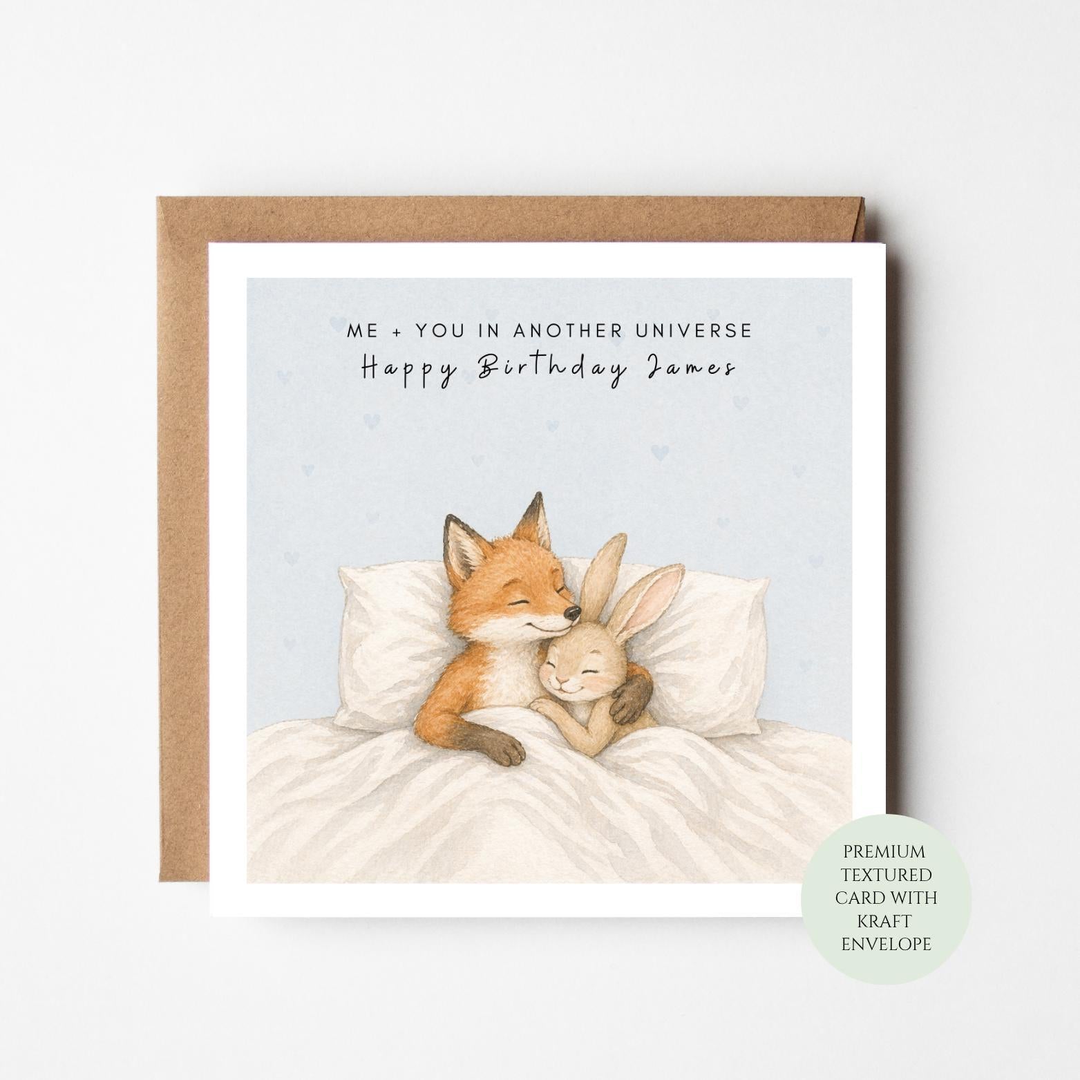 Woodland Birthday Card, Fox and Bunny Illustration (Textured Paper)