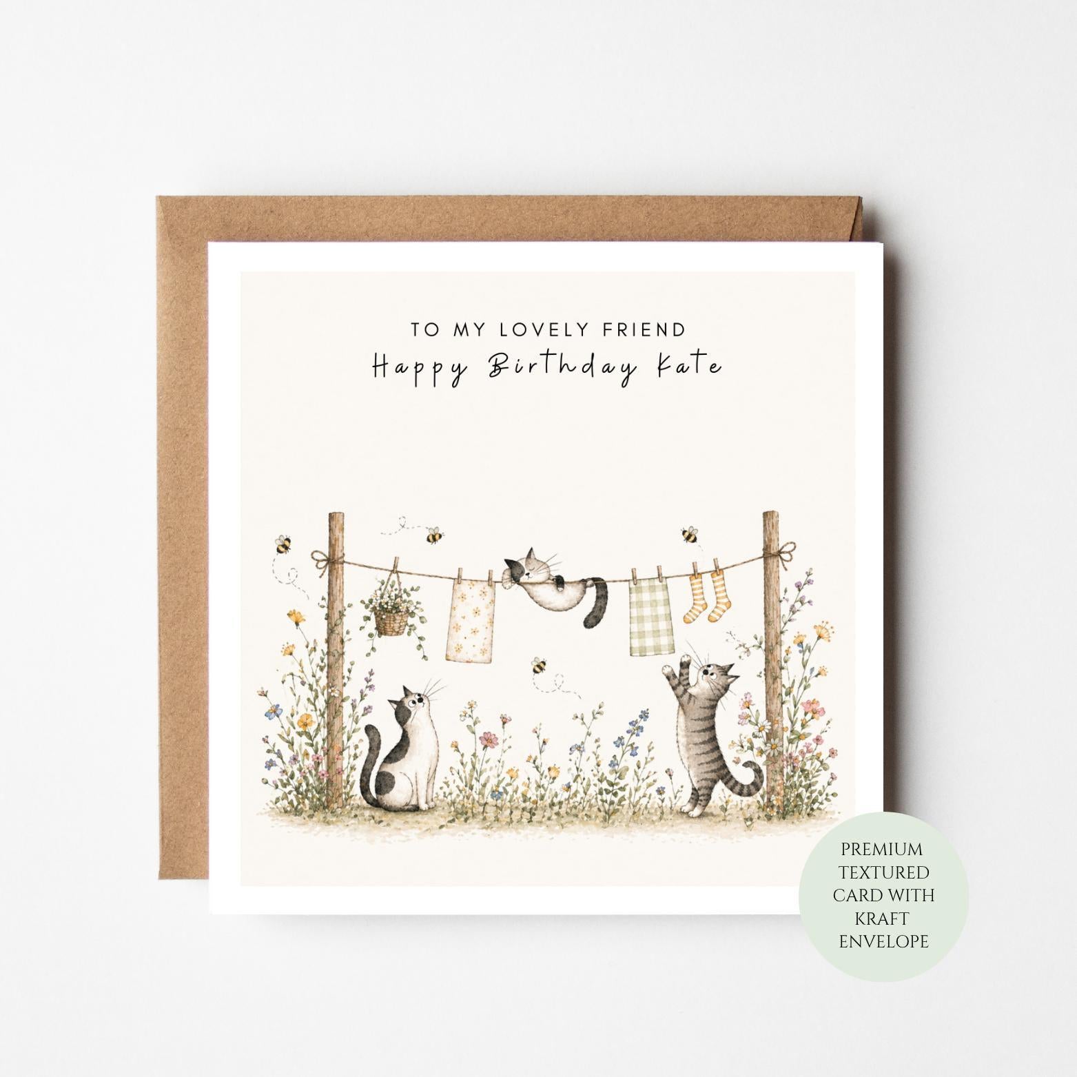 Birthday Card for Cat Lovers: Playful Cats on Washing Line - Textured Paper