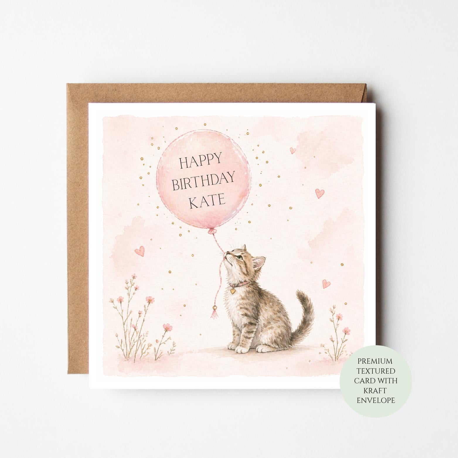 Birthday Card: Adorable Kitten and Balloon (Standard Size)