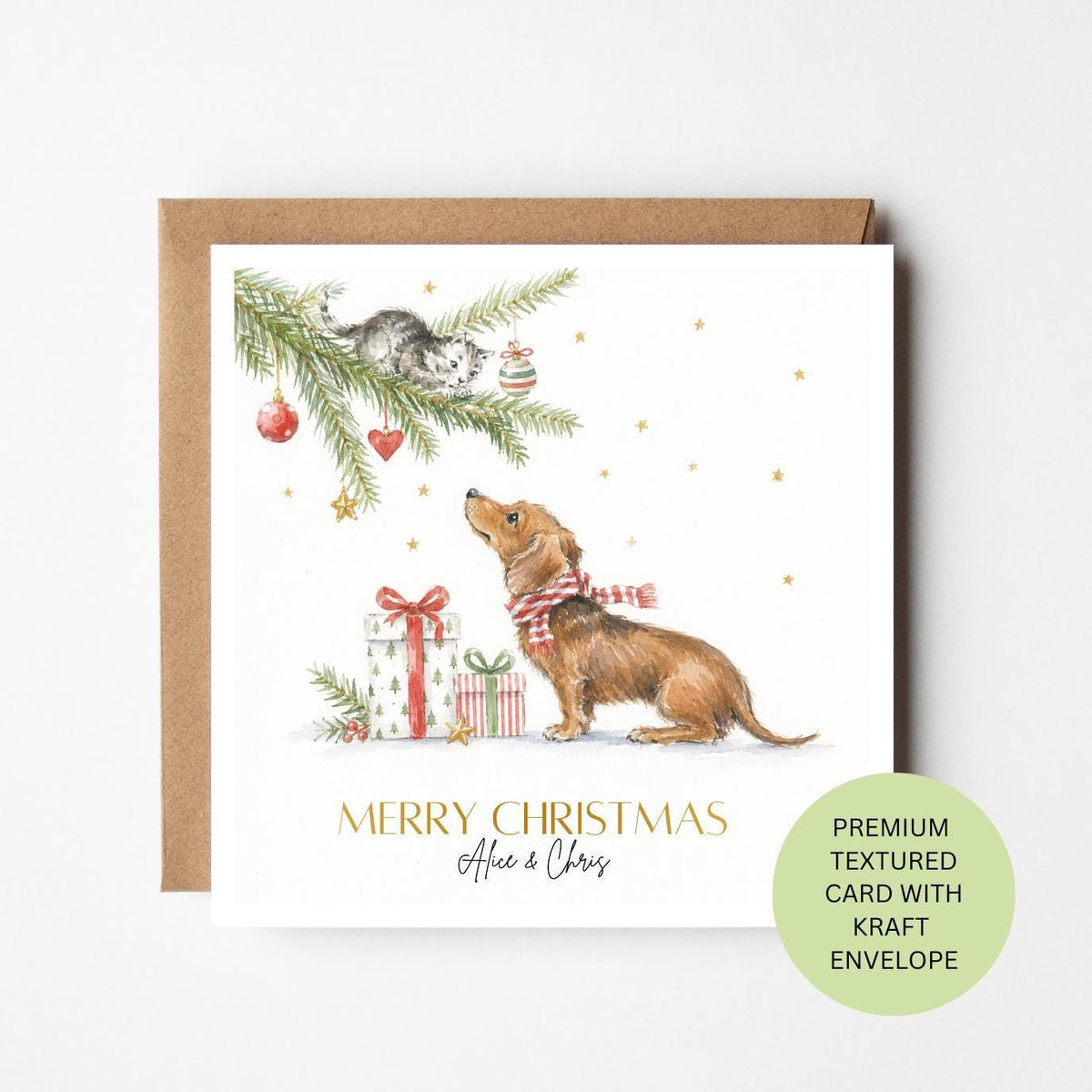 Personalised Dachshund Cat Christmas Card, Elegant Watercolour Pet Card, Textured Animal Lover Greeting