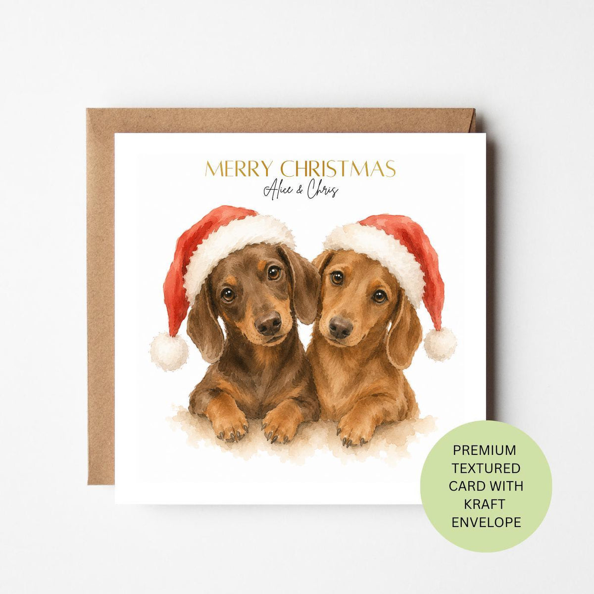 Personalised Dachshund Christmas Card, Two Sausage Dogs Santa Hats Card