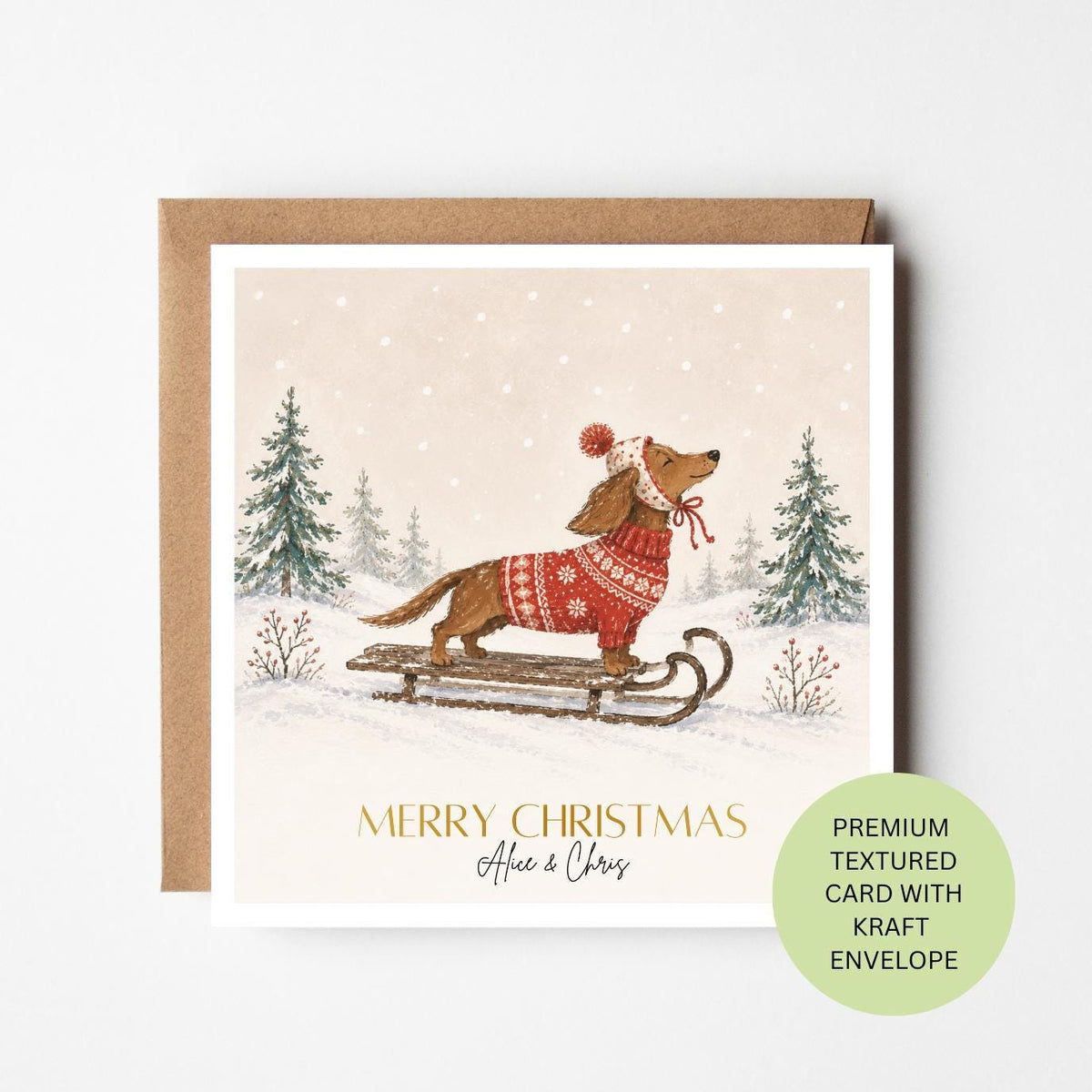 Personalised Dachshund Christmas Card, Sausage Dog Sledge Watercolour Card