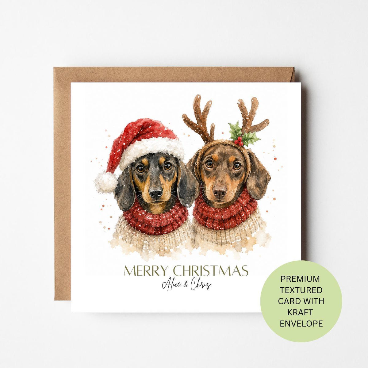 Personalised Dachshund Couple Christmas Card, Watercolour Sausage Dogs, Textured Kraft Envelope