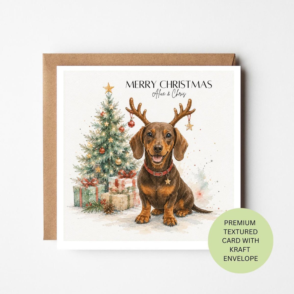 Personalised Dachshund Christmas Card, Sausage Dog Reindeer Watercolour Card