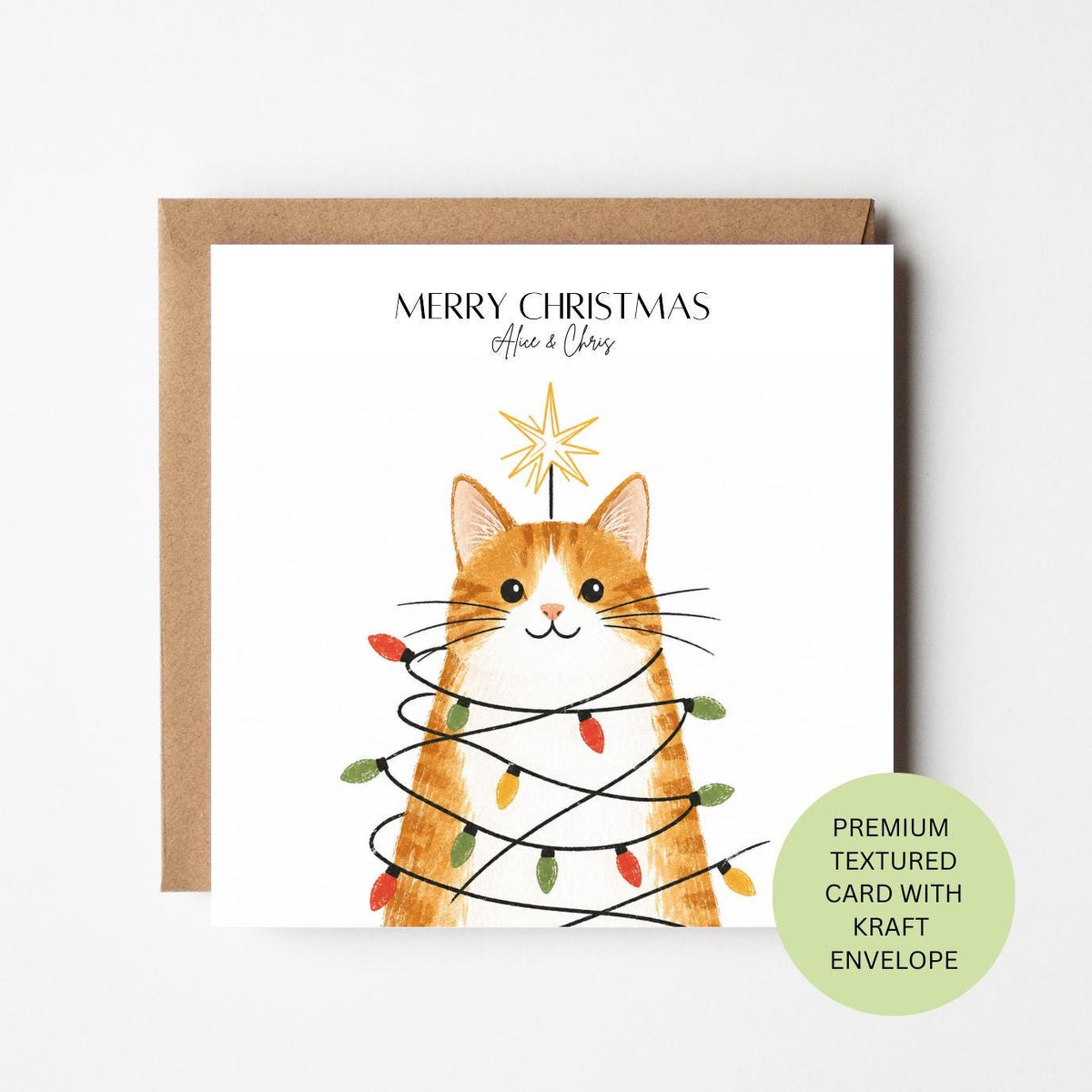 Personalised Cat Christmas Card, Watercolour Textured Xmas Greeting, Family Couple Card