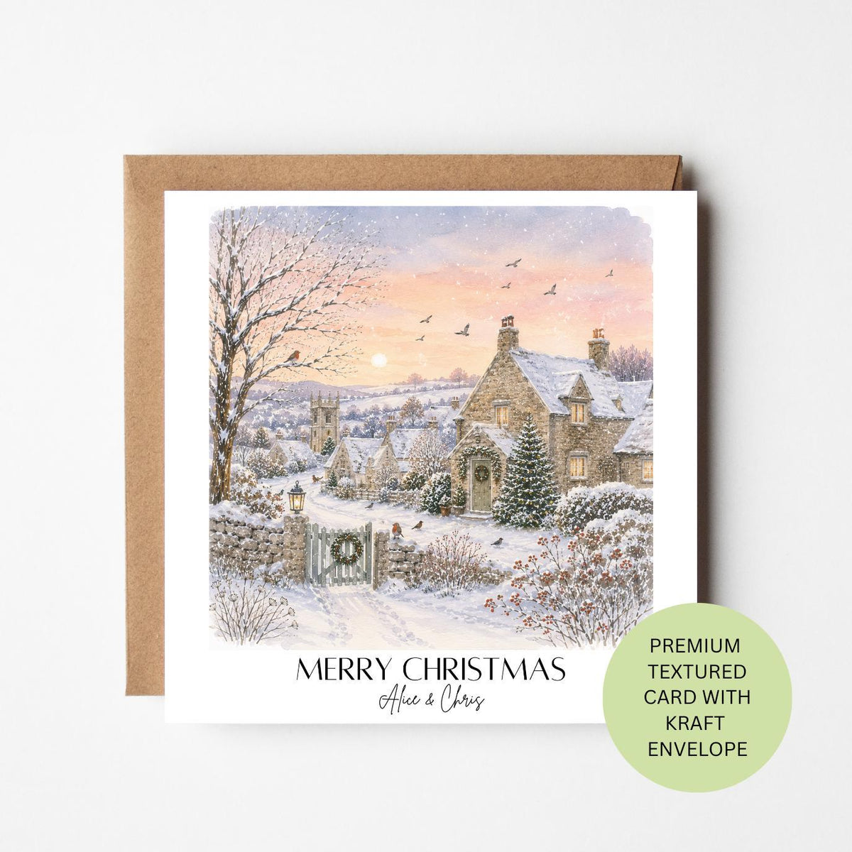 Personalised Cotswold Village Watercolour Christmas Card, Textured Kraft Envelope