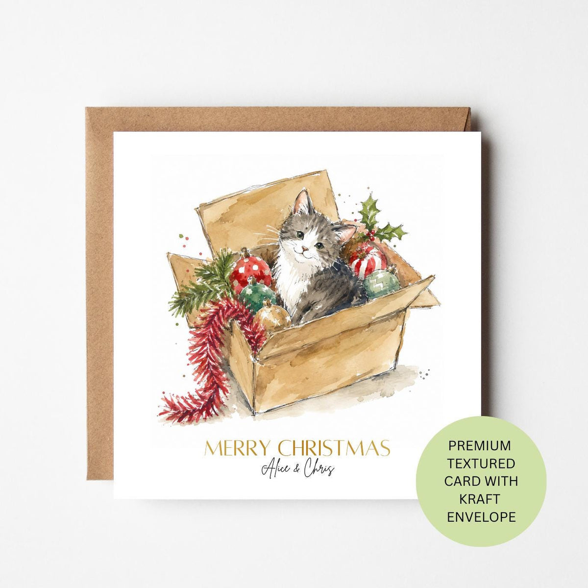 Personalised Cat Christmas Card, Watercolour Kitten Decorations Box, Custom Family Xmas Greeting