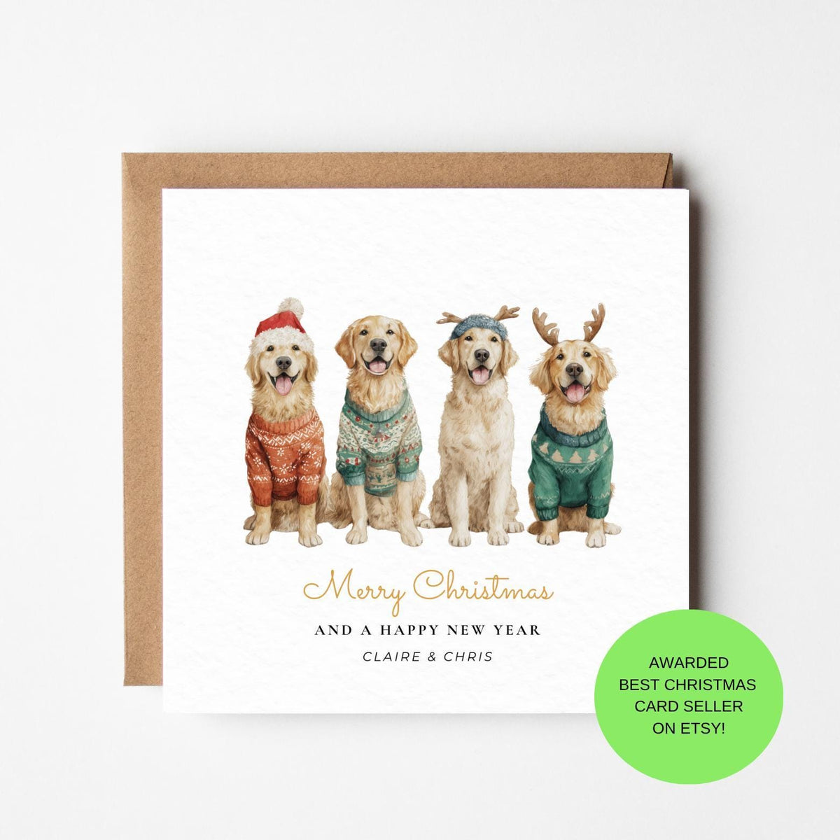 Christmas Dog Card, Golden Retrievers in Jumpers (Personalised, Handmade UK)