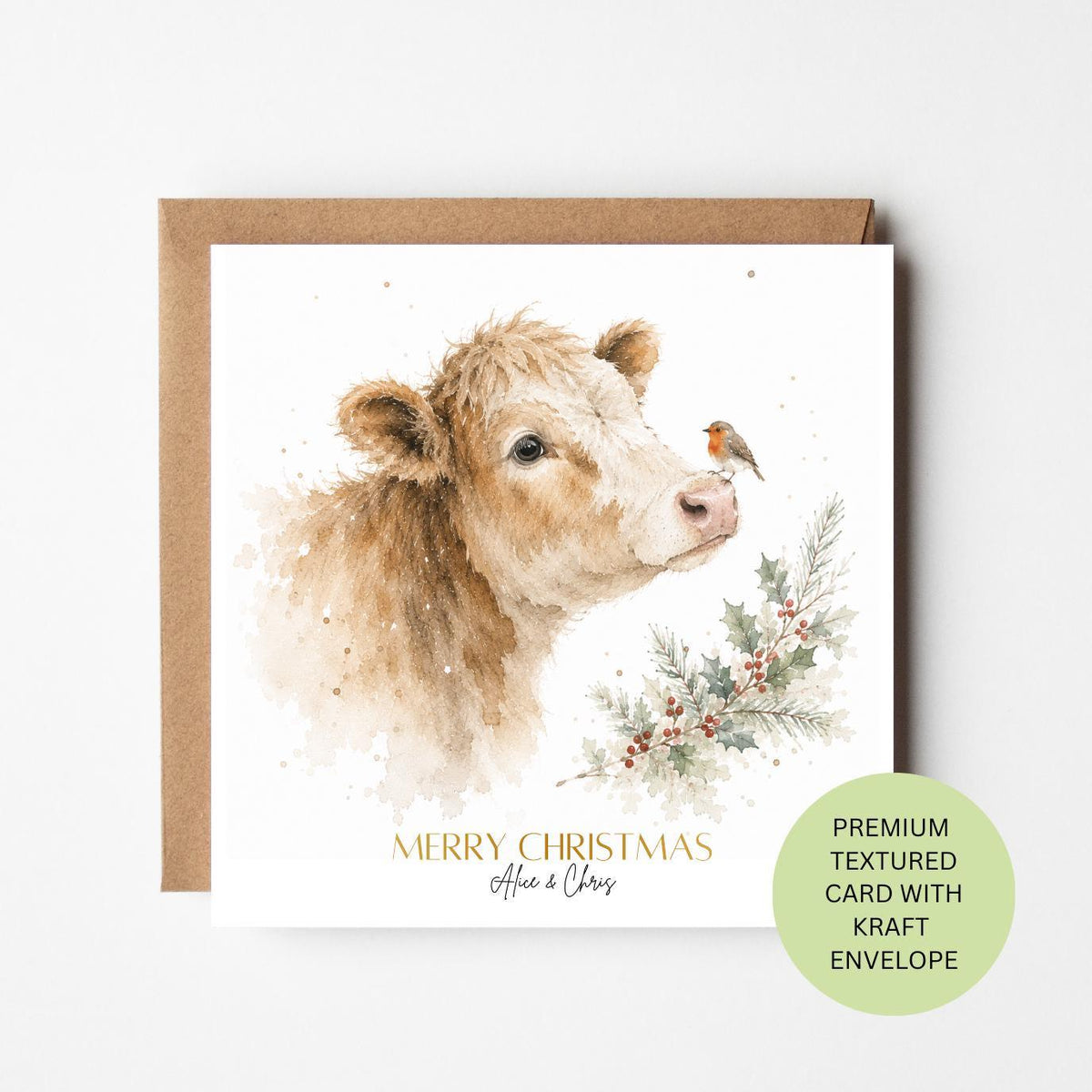 Personalised Cow Robin Watercolour Christmas Card, Farm Animal Greeting