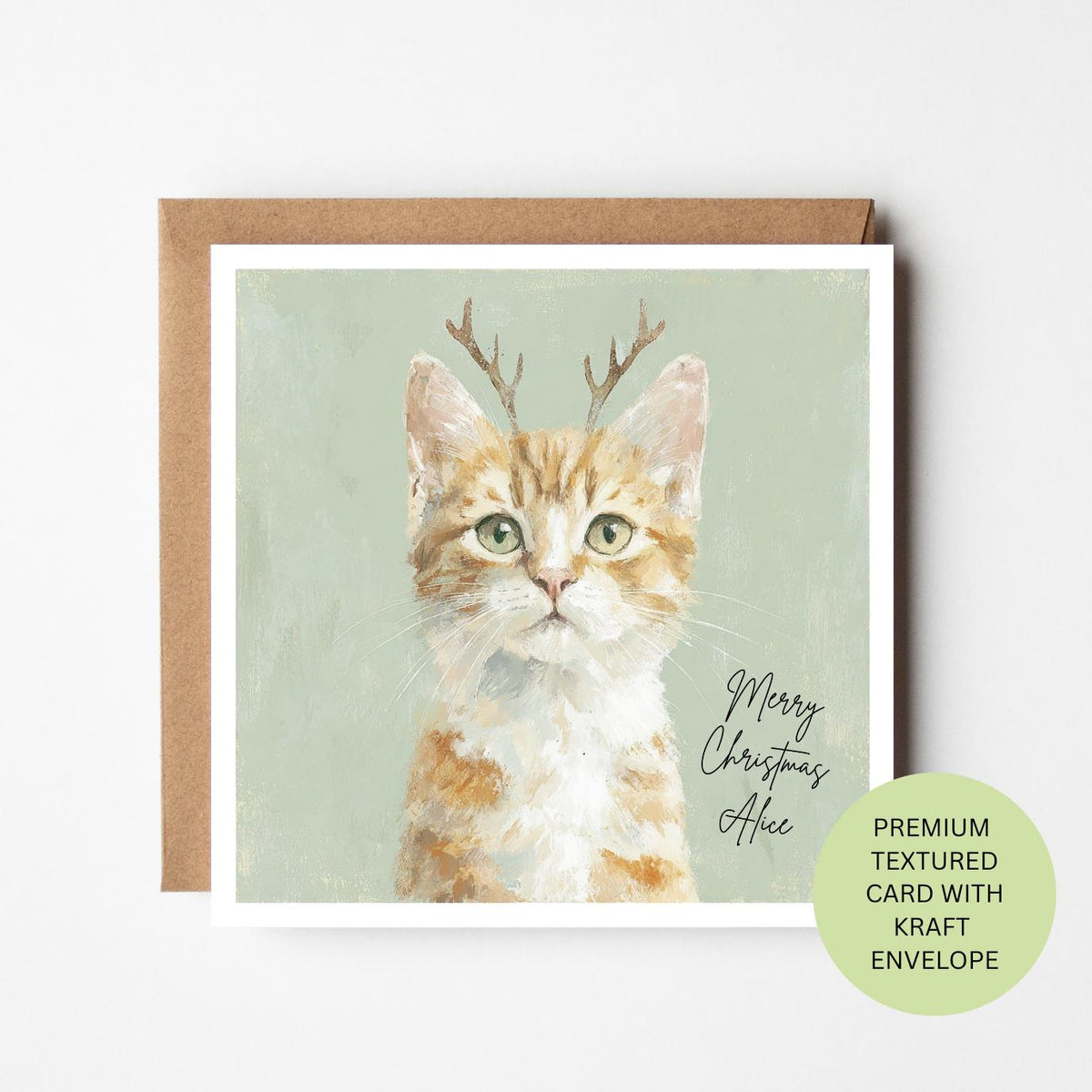 Personalised Cat Christmas Card, Reindeer Kitten Watercolour Card