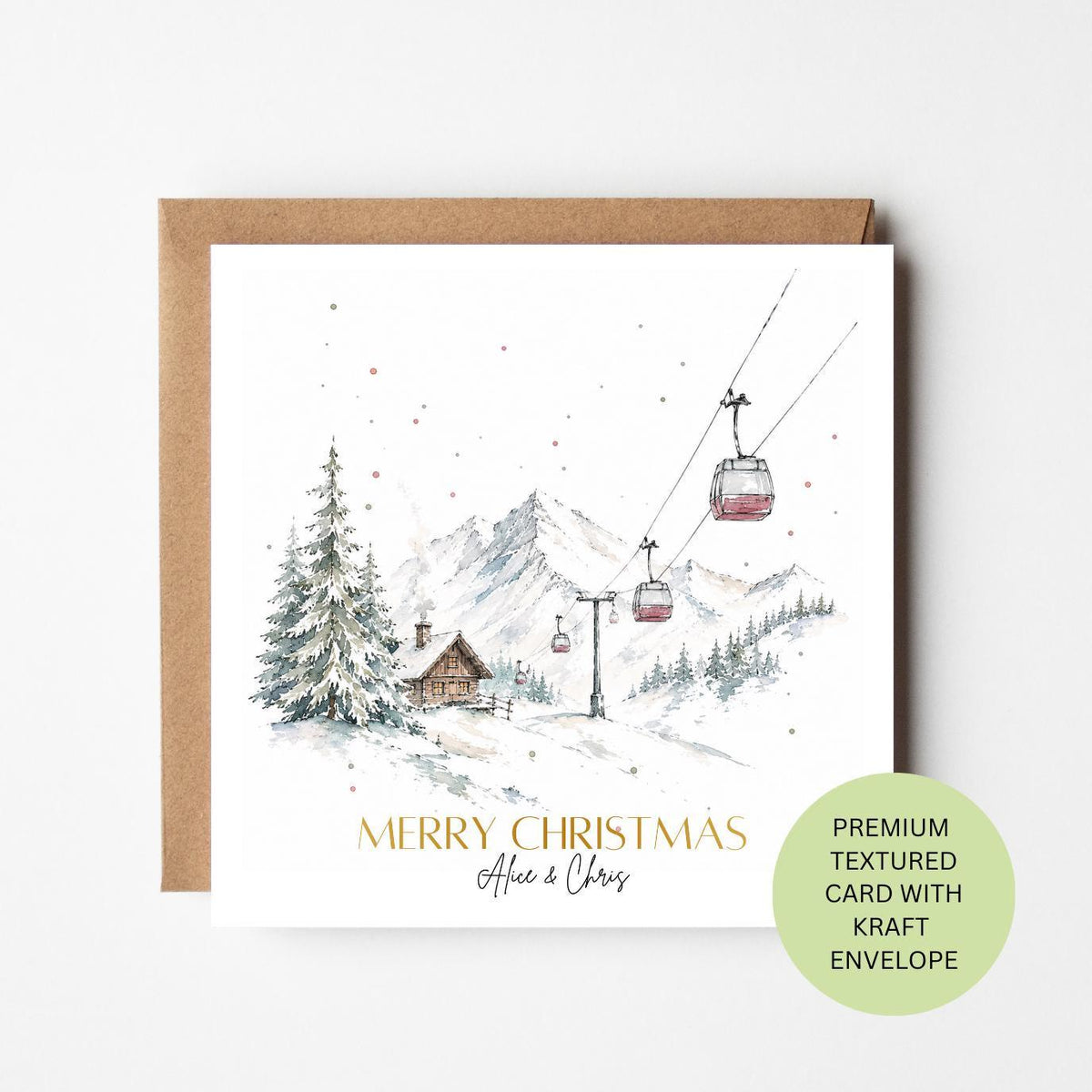 Personalised Cable Car Christmas Card, Snowy Mountain Watercolour Card