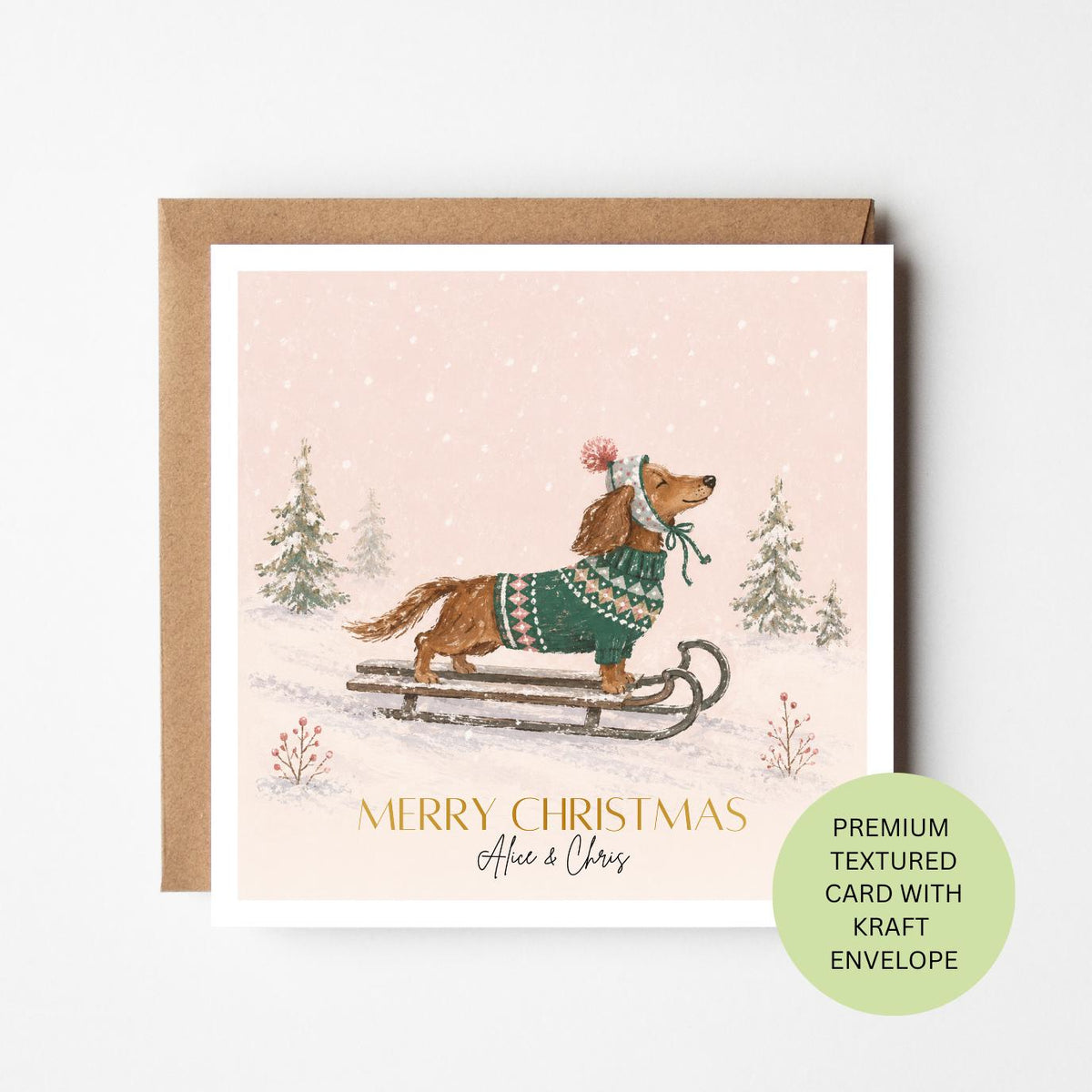 Personalised Dachshund Christmas Card, Watercolour Textured Xmas Card, Custom Dog Lover Greeting