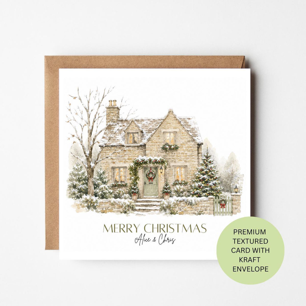 Personalised Cottage Christmas Card, Cotswold Watercolour Winter Scene, Textured Kraft Envelope