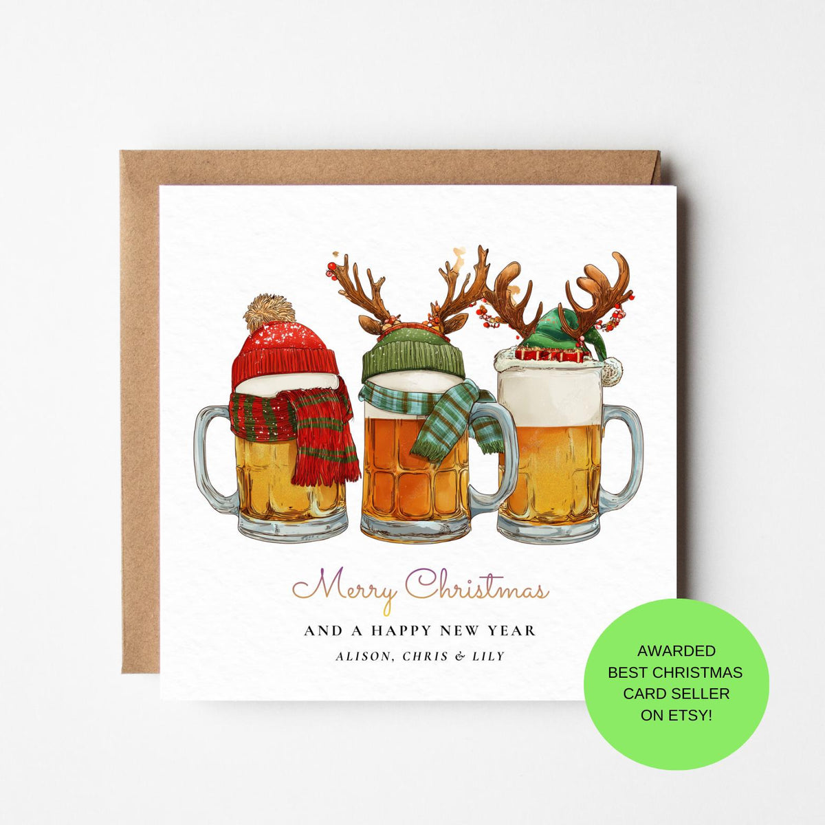 Beer Lover Christmas Card: Festive Holiday Drinks (Square, Kraft Envelope)