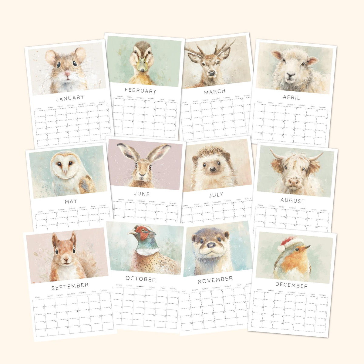 2027 British Countryside Animals Wall Calendar – A4 Watercolour Wildlife Calendar & Animal Lover Gift