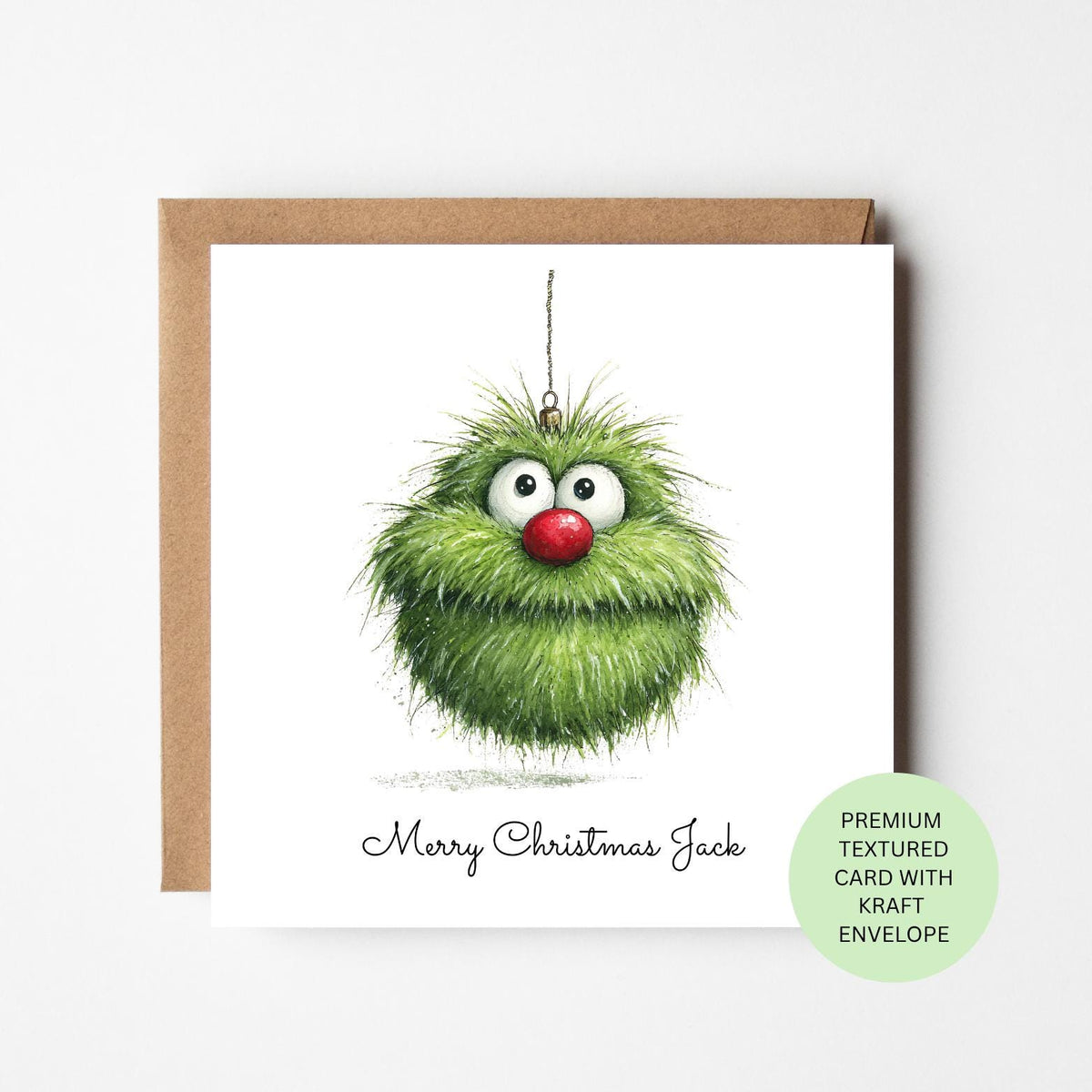Personalised Fluffy Green Christmas Bauble Card