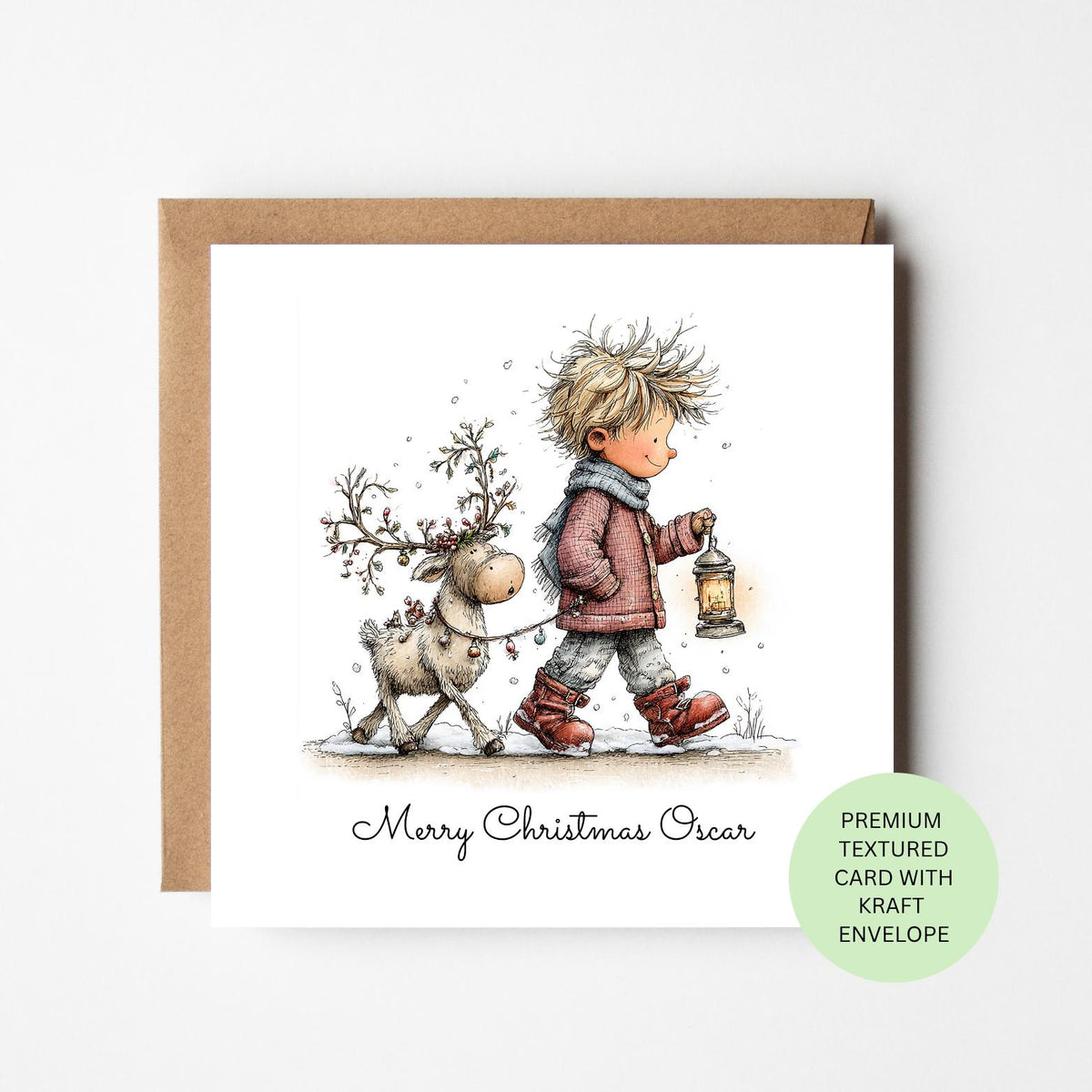 Personalised Boy Walking a Reindeer with a Lantern Christmas Card