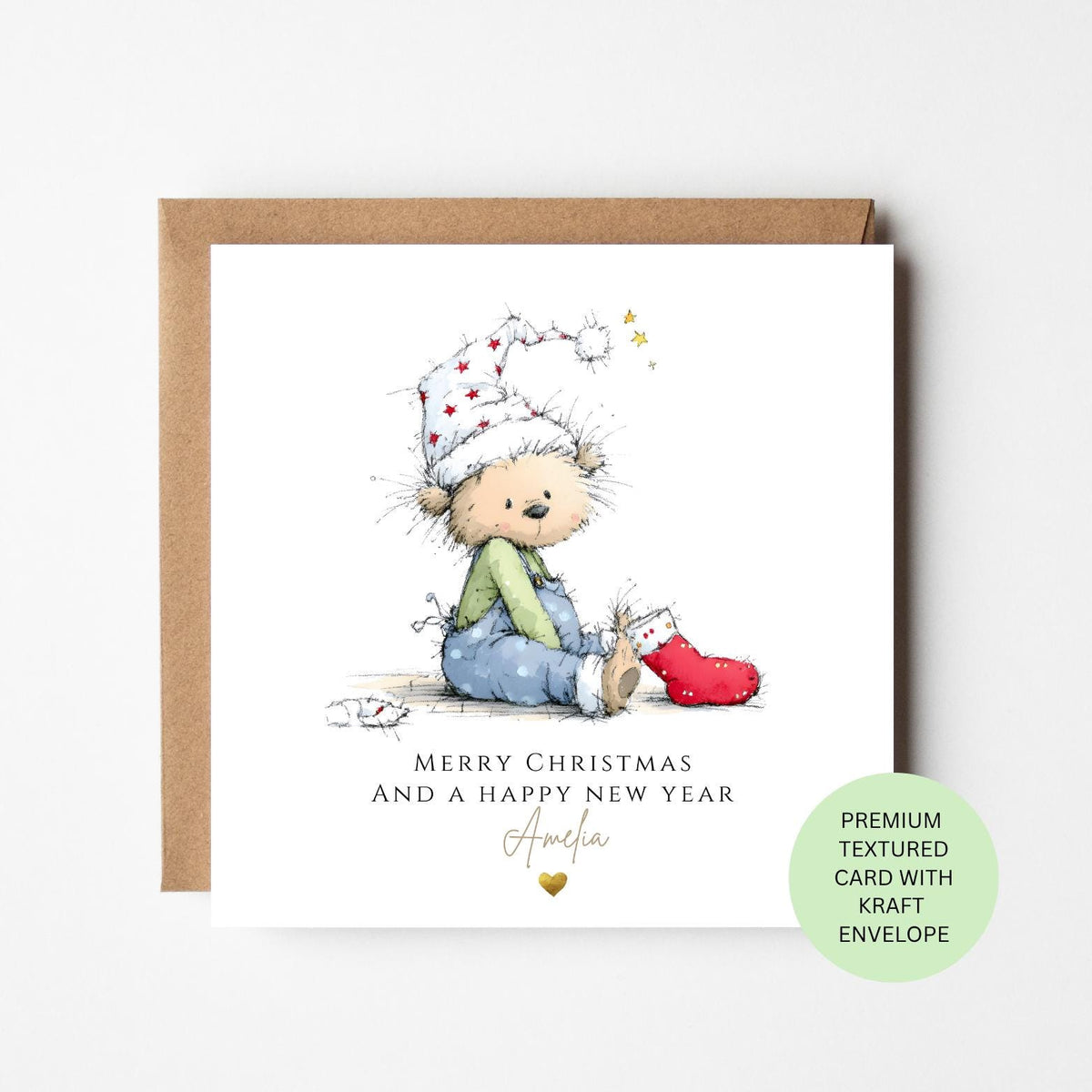 Personalised Christmas Bear with a Stocking Card for Children