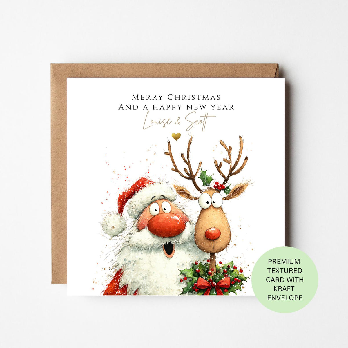 Personalised Santa and Reindeer Portrait Christmas Card