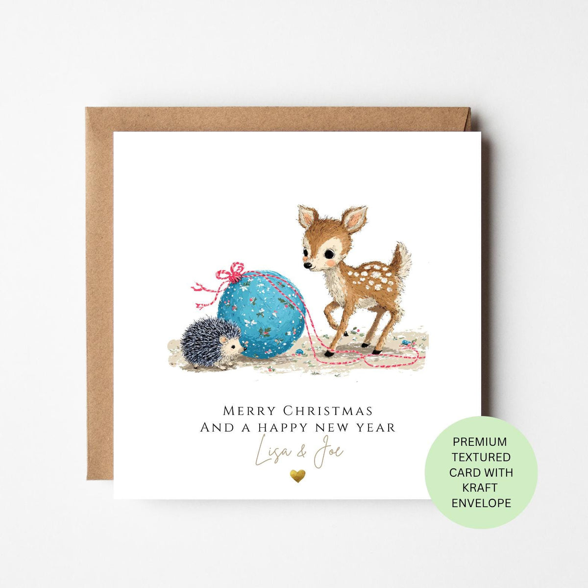 Personalised Fawn and Hedgehog with a Bauble Christmas Card for Children