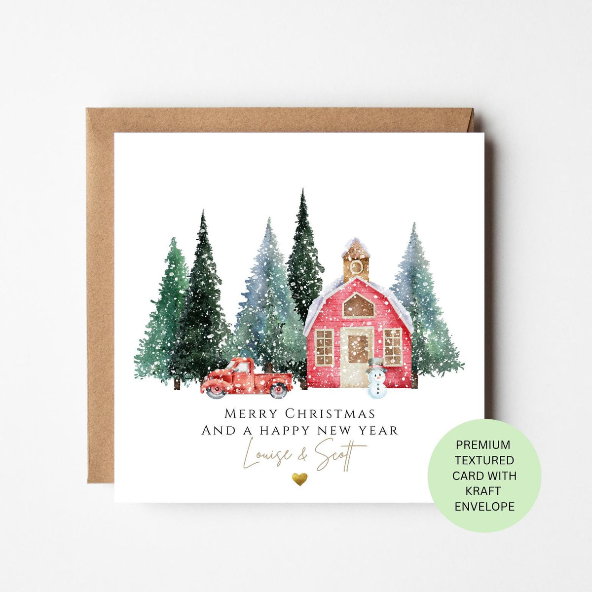 Personalised Snowy Christmas Church and Red Car Card
