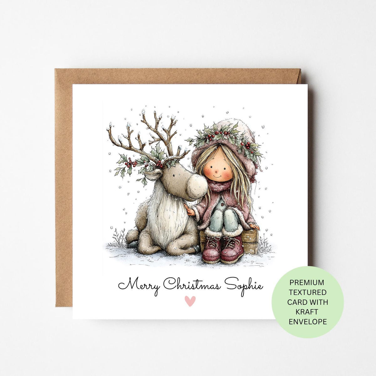 Personalised Girl Cuddling a Christmas Reindeer Card
