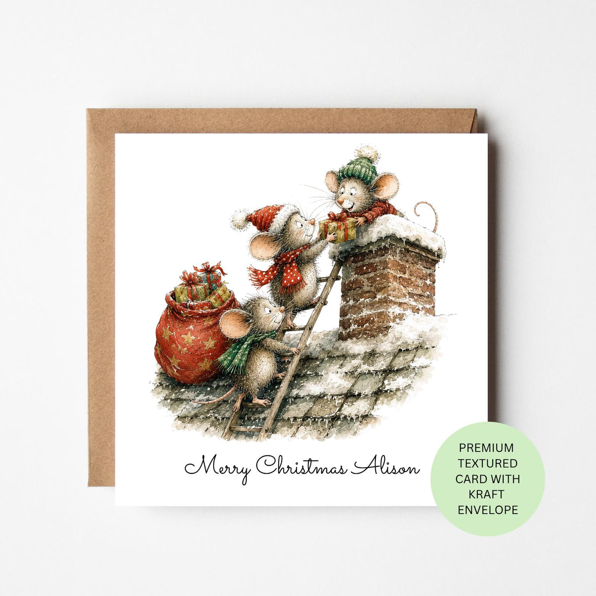 Personalised Mice Delivering Presents Down a Chimney Christmas Card