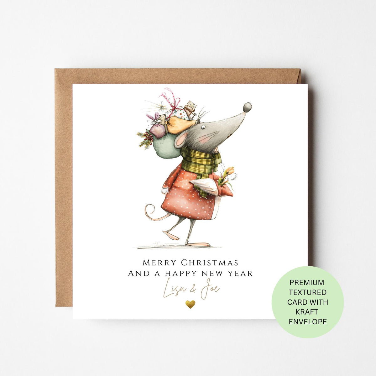 Personalised Mouse Carrying a Sack of Presents Christmas Card