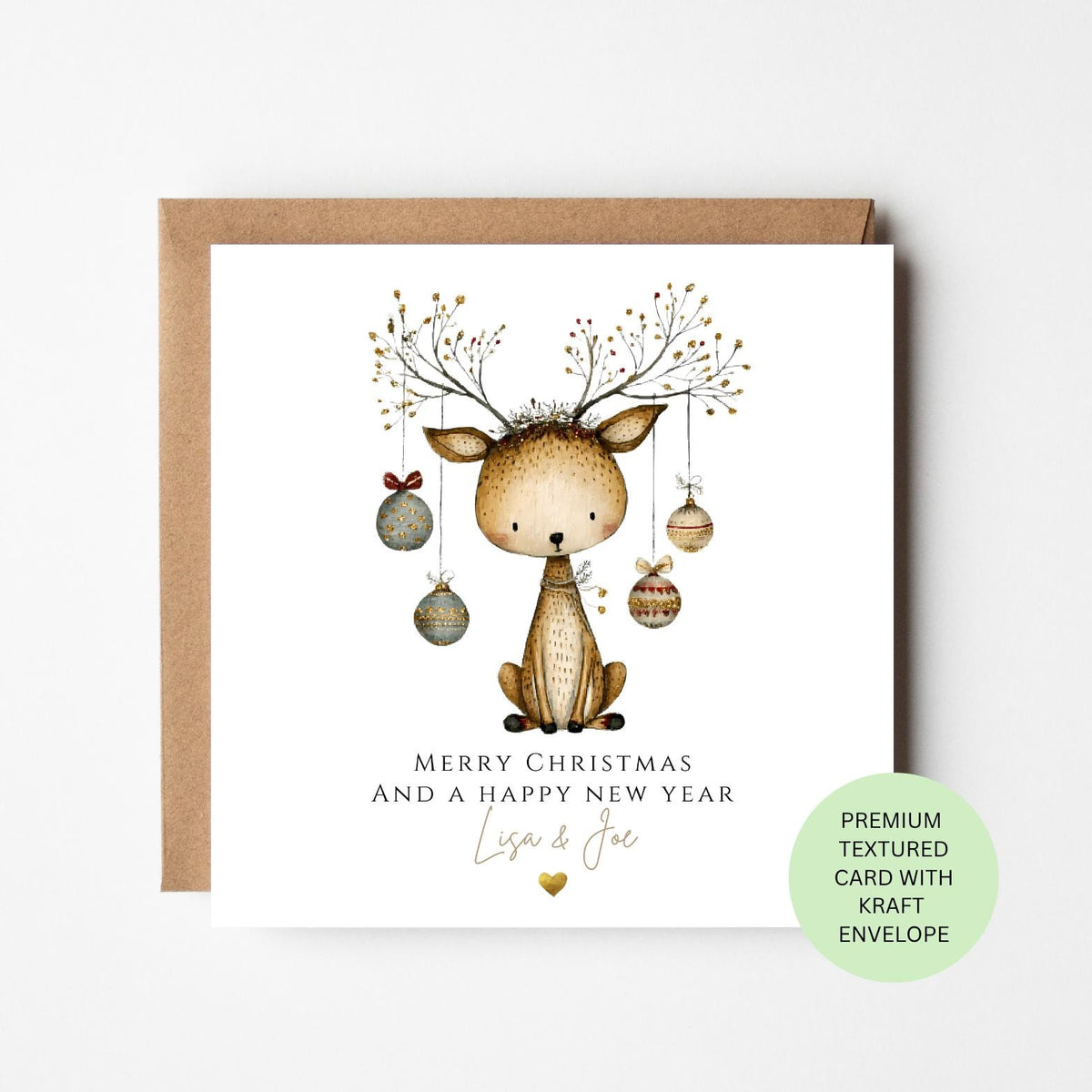 Personalised Reindeer with Baubles Hanging from Antlers Christmas Card