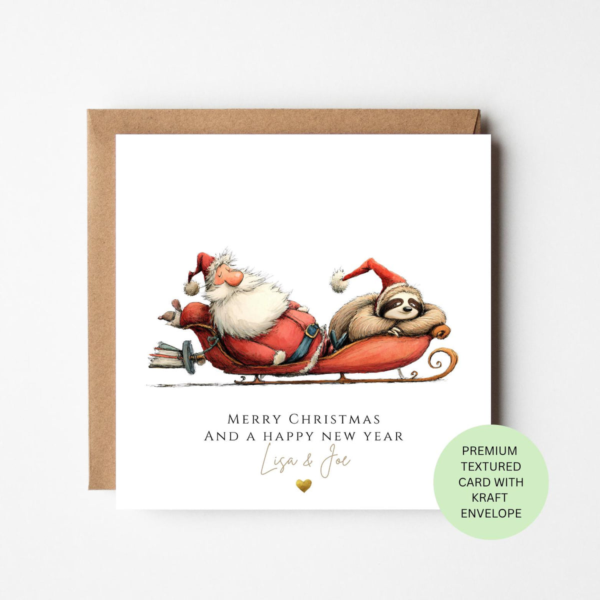Personalised Santa and Sloth Riding a Christmas Sleigh Card